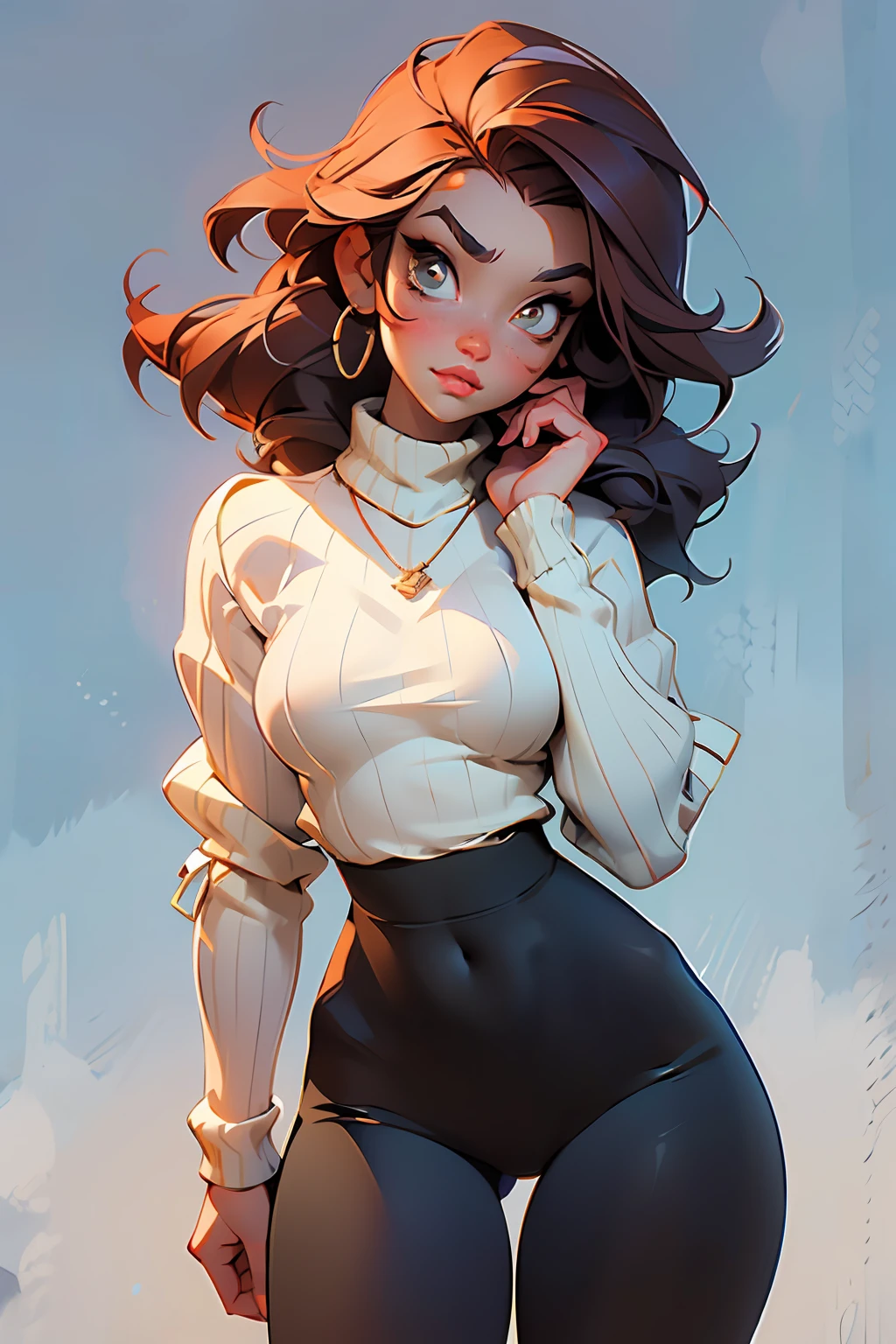 Masterpiece, Beautiful, 4K, Best quality, Beautiful face, Cute face, A MILF, Cowboy shot, Sweater, Tight sweater, Long brown hair, milf hair, Large breasts, Thick, Wide hips, thick thigs, Pouting lips, pouting expression, Looking up, Look up at the viewer, Leggings, Pantyhose, No pants, big sweater