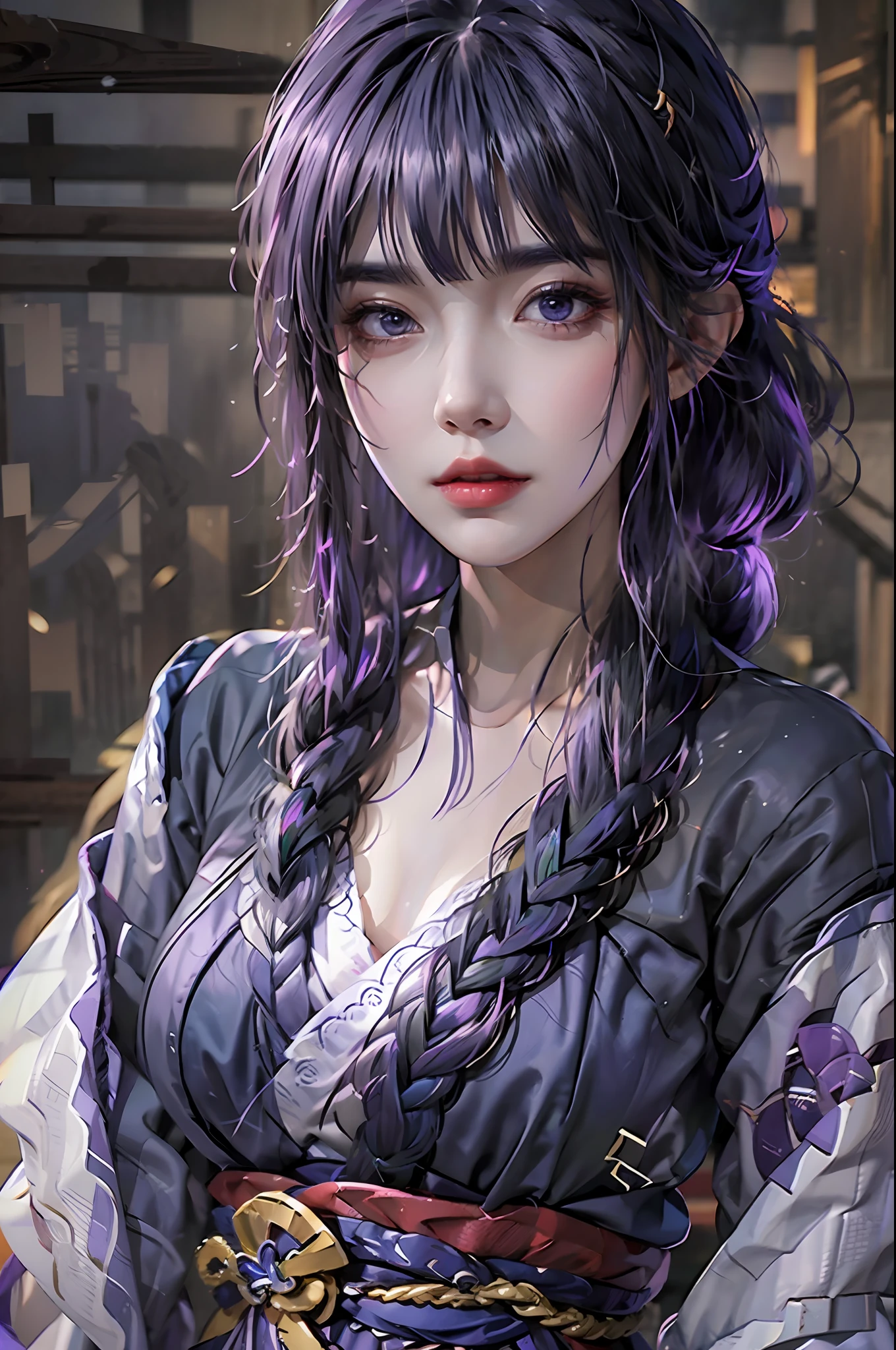 photorealistic, high resolution, 1 girl, hips up, purple hair, blunt bangs, braid, wide sleeves, hair ornament, beautiful eyes, normal breast, raiden shogun costume