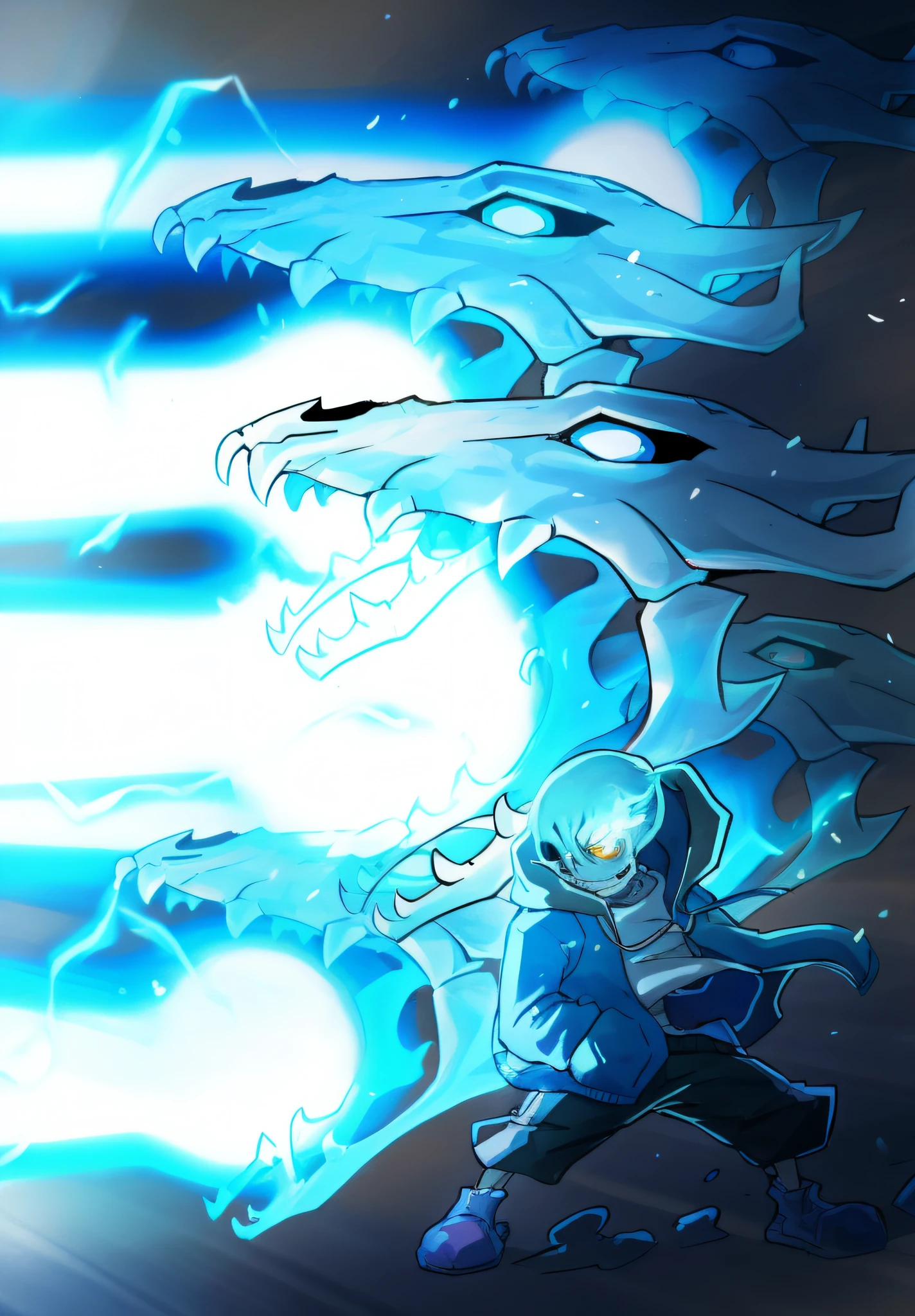 An anime character with a blue flame coming out of his mouth, blue fire powers, with ice powers, sans undertale, human and dragon fusion, Epic anime style, this character has cryokinesis, if he had ice powers, in an icy cavern, water demon, sans from undertale, Game art!!, official fan art, Undertale Frisk, ice spell, badass composition --auto