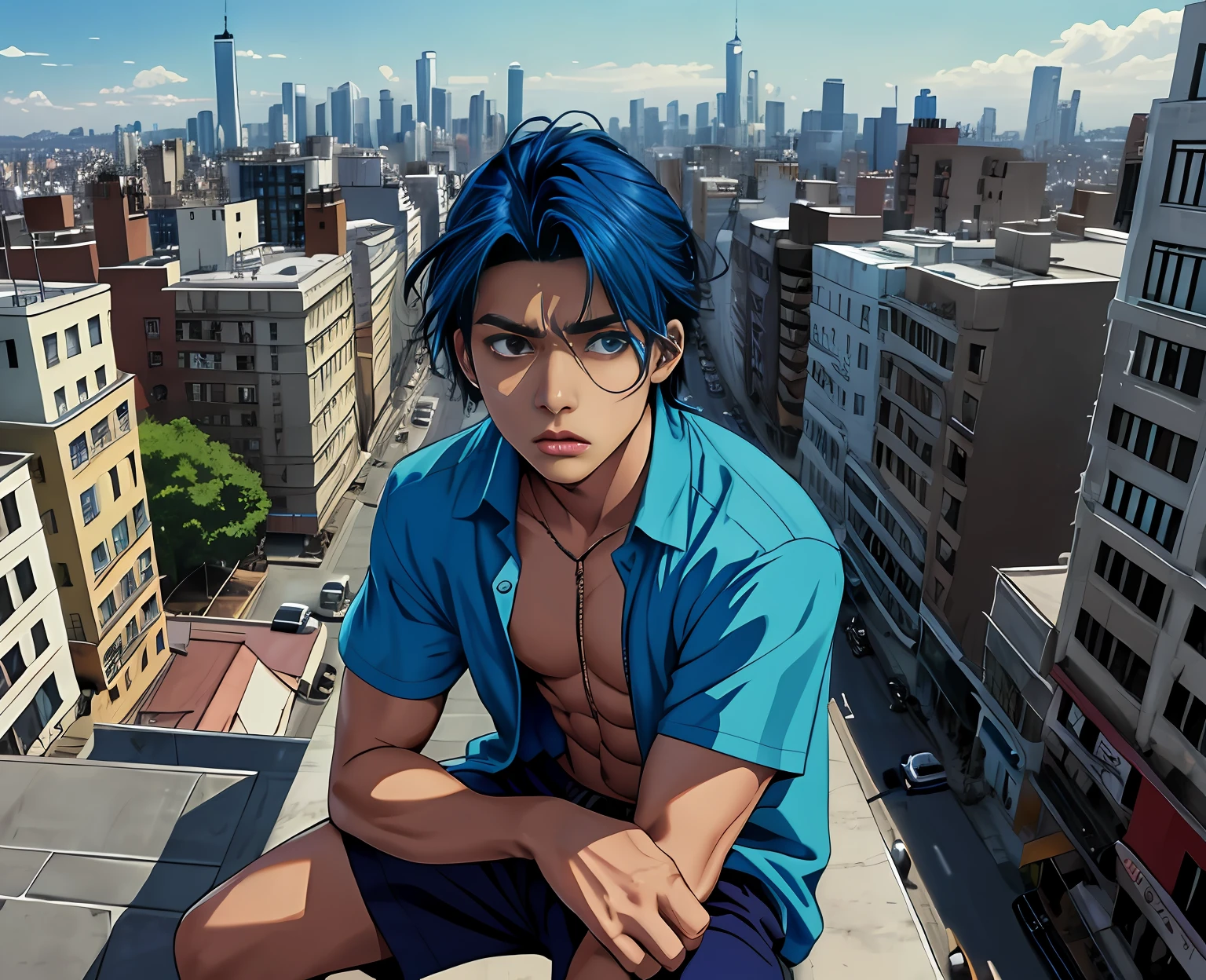 cabelo color azul,sin camisa, cabello lacio, 15-year-old boy, mestizo sin ropa dorso descubierto cabello de color azul, ojos azules , mira ala ciudad, Anime image of a 15-year-old man on top of a building in New York , esta mirando triste desconcertado la ciudad, desde lo alto de una escuala., cabello azul rostro mestizo, ojos azules,sin camisa atuendo tribal egipcio, egipcia antigua mirando desde lo alto de una escuela secundaria a una ciudad triste muy lejana , , Screenshot of anime movie