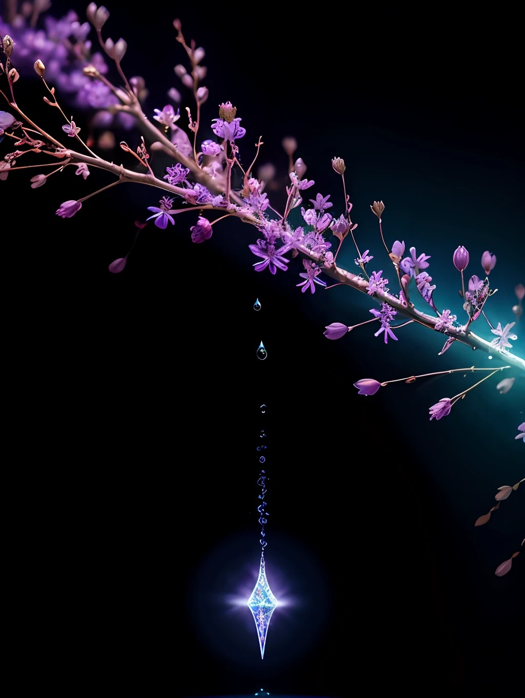 branch of delicate lilac flowers, super transparent, holy light, beautiful spectral light, petals glow, flashing, dark background, drops of transparent light, reflective light, bright, light streaming in, optics, portrait profile, sharp focus, magical, intricate, ultra realistic, fantasy, composition, light, trend on artstation, pearl, patronus cloud of silvery vapor, corrosive enveloping ray family, 8k, ureal ar 23v4 uplight