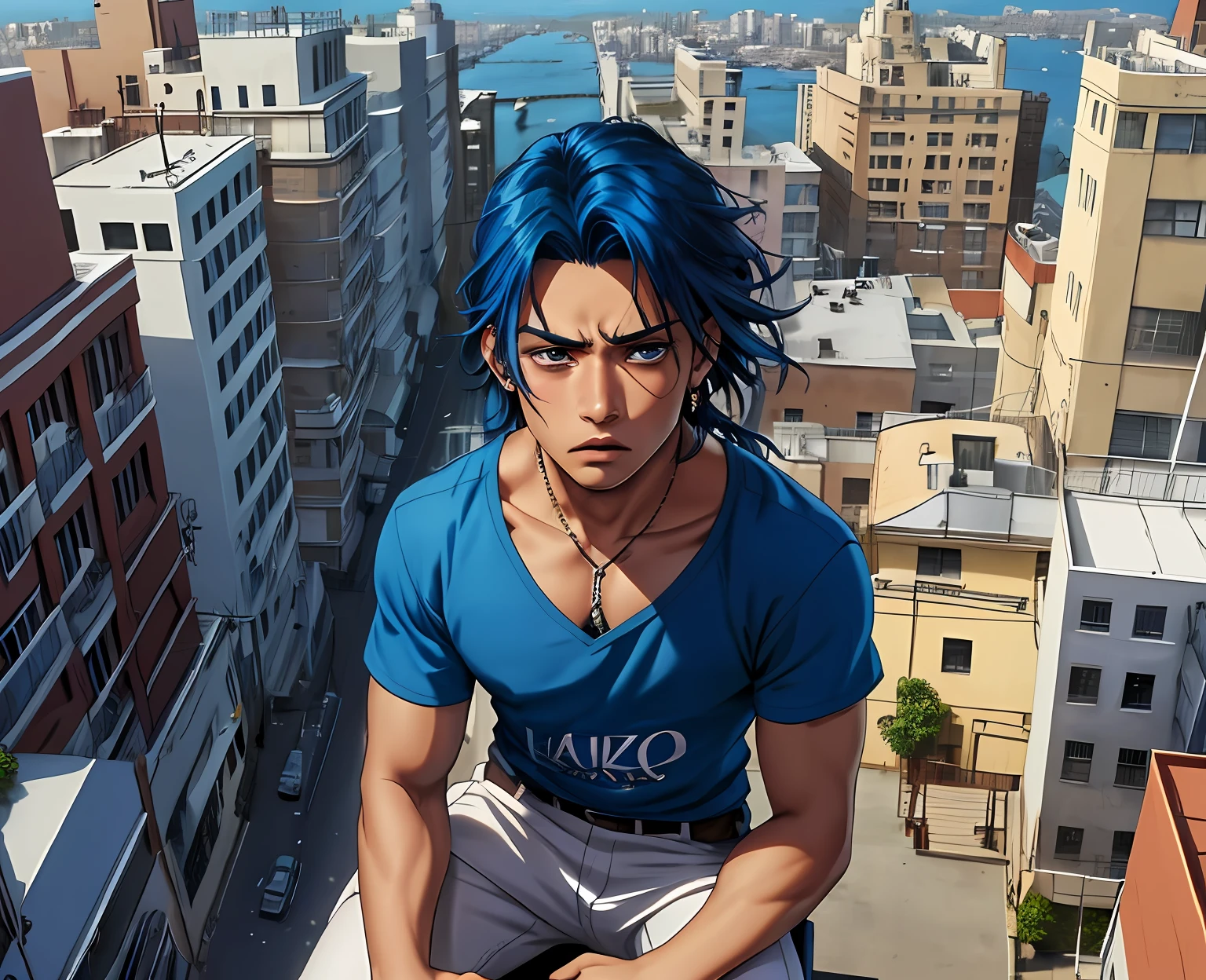 cabelo color azul, cabello lacio, -yeld bomestizo sin ropa dorso descubierto cabello de color azul, ojos azules , mira ala ciudad, Anime image of a 15-year-o ma top a building in New York , esta mirando triste desconcertado la ciudad, desde lo alto de una escuala., cabello azul rostro mestizo, ojos azules,sin camisa atuendo tribal egipcio, egipcia antigua mirando desde lo alto de una escuela secundaria a una ciudad triste muy lejana , , Screenshot of anime movie