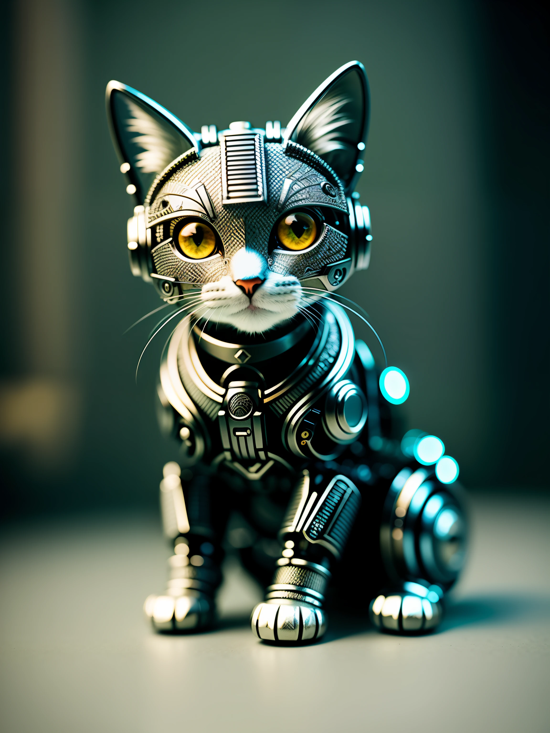 A cute kitten made of metal, (cyborg:1.1), ([tail|detailed wire]:1.3), (intricate detail), hdr, (intricate detail, hyperdetailed:1.2), cine lens, halo shadows , centered