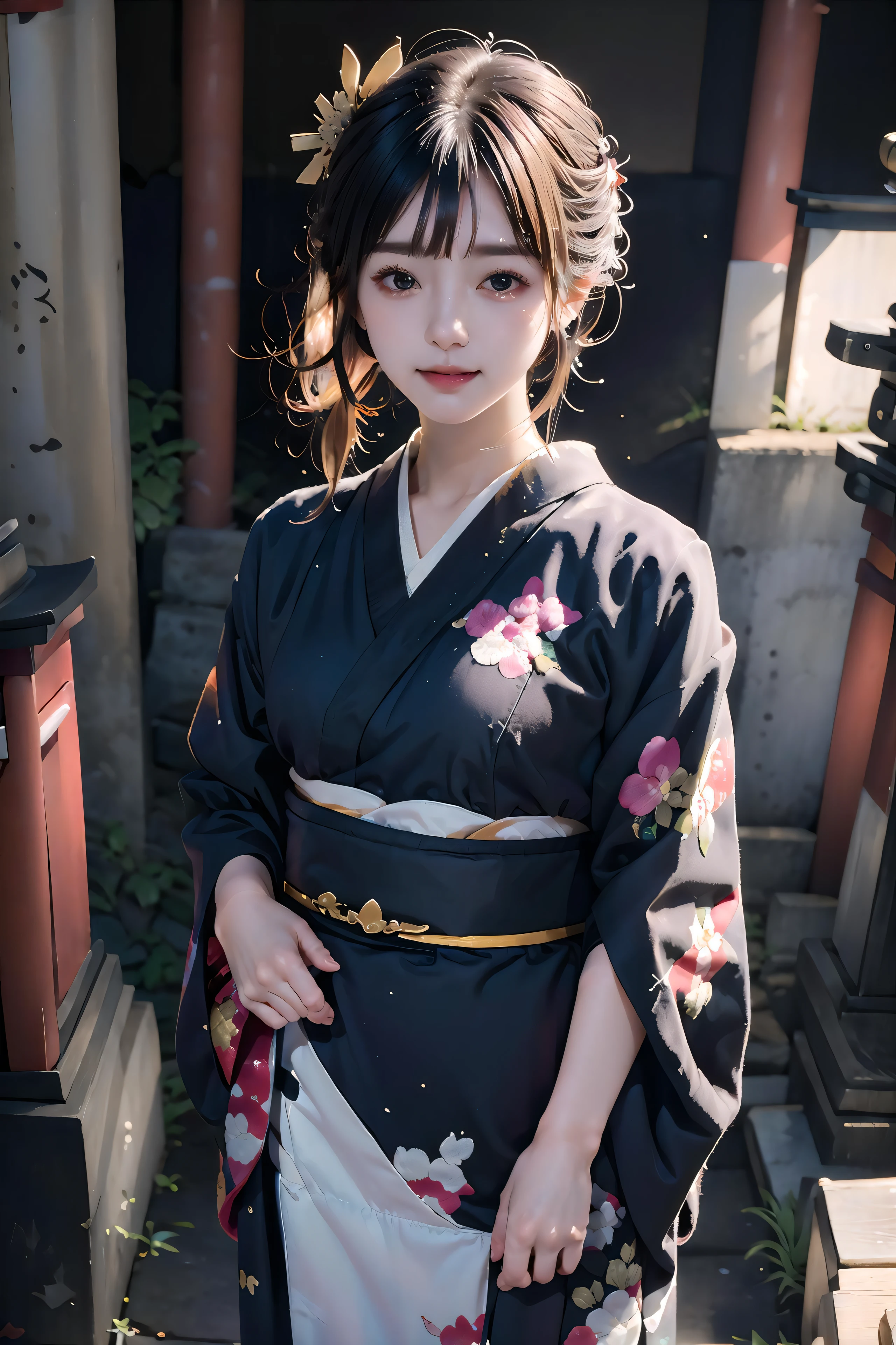 masterpiece, best quality, Rim Lighting, ultra-detailed, 8k,
1girls ,rabbit on head,(embroidery multi color kimono, japanese clothes, beautiful intricate, Shinto shrine:1.3),grin, Black long hair, hair ornament, hair flower, Black long hair with side ponytail, short hair, medium hair, disheveled hair, small breasts, dot nose, side blunt bangs, hairs between eyes, dynamic angle,(very wide shot,:1.2), 
(realistic:1.3),depth of field,15yo,(eyeliner:0.5),(blush:0.5)