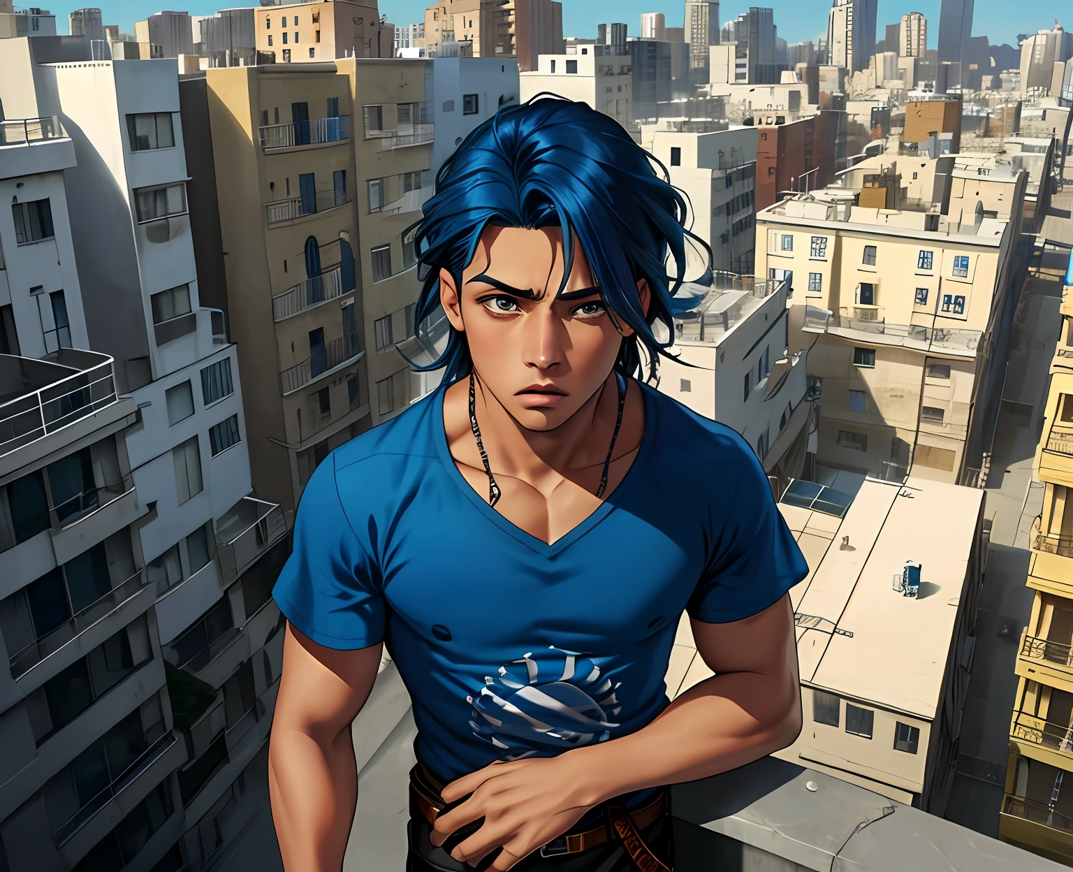 cabelo color azul, cabello lacio, 15-year-old boy, mestizo sin ropa dorso descubierto cabello de color azul, ojos azules , mira ala ciudad, Anime image of a 15-year-old man on top of a building in New York , esta mirando triste desconcertado la ciudad, desde lo alto de una escuala., cabello azul rostro mestizo, ojos azules,sin camisa atuendo tribal egipcio, egipcia antigua mirando desde lo alto de una escuela secundaria a una ciudad triste muy lejana , , Screenshot of anime movie