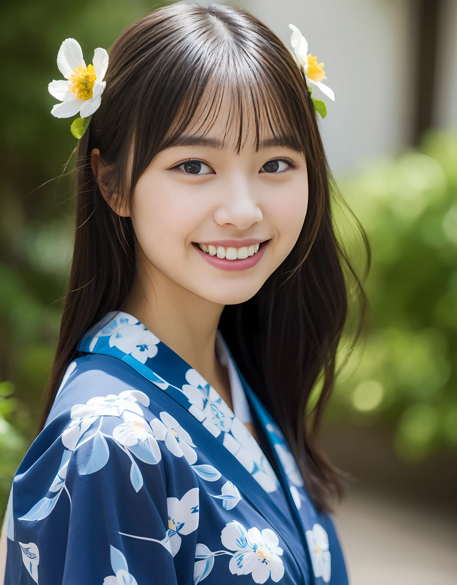 Young Japanese girl with a round face, layered black hair, smiling with teeth showing, in a blue yukata and flower hair accessory. (8K, Best Quality : 1.2), (Masterpiece, Photorealistic : 1.3), Super Detail, anatomically correct
