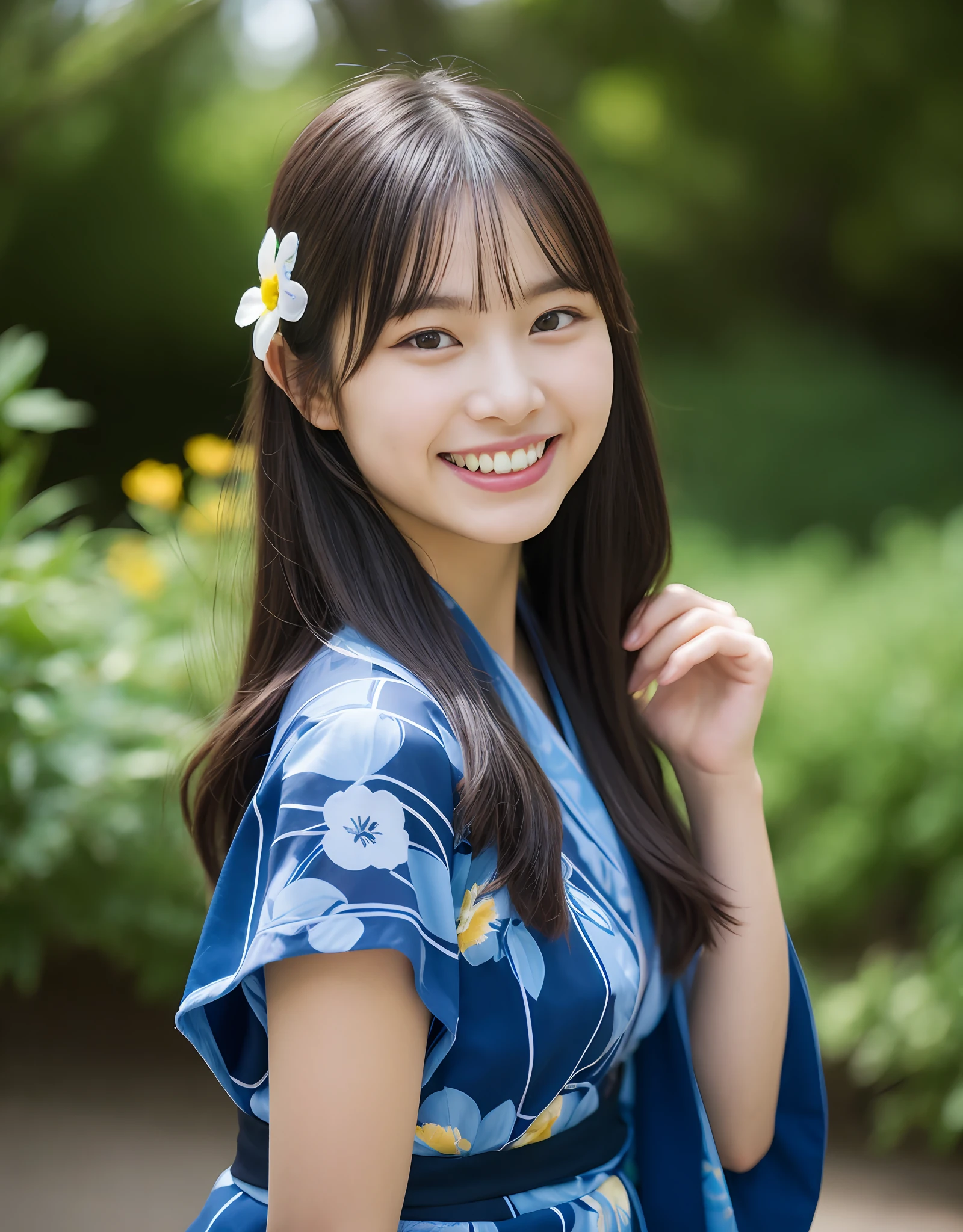 Young Japanese girl with a round face, layered black hair, smiling with teeth showing, in a blue yukata and flower hair accessory. (8K, Best Quality : 1.2), (Masterpiece, Photorealistic : 1.3), Super Detail, anatomically correct