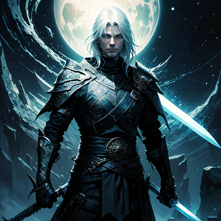 fantasy，The black longsword stood in the void，Handsome man with white hair，The face is cold and handsome --auto