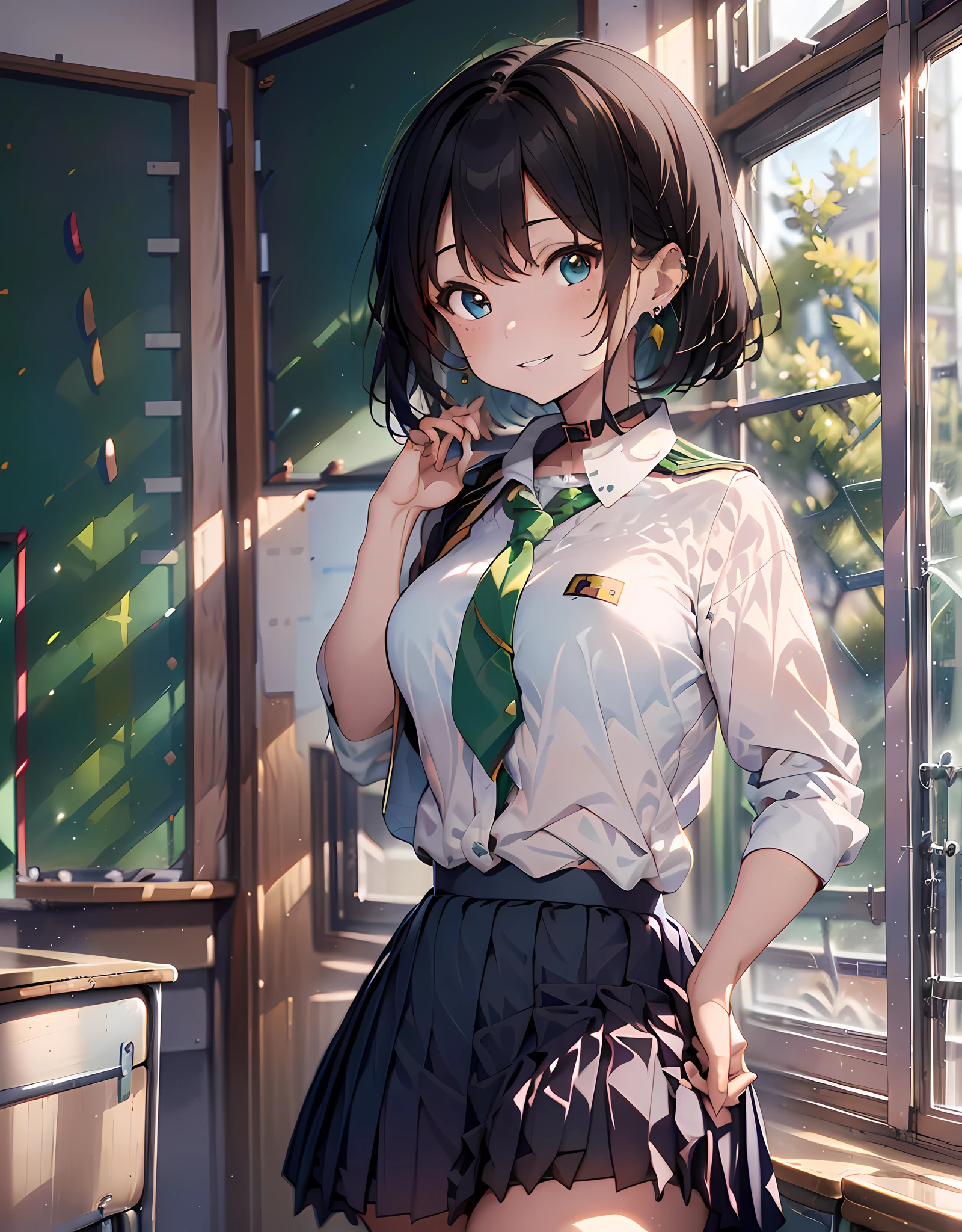 (masterpiece, best quality:1.37), highres, ultra-detailed, ultra-sharp, BREAK, Japanese school girl model, 1girl, (black hair, short hair, bangs), blue eyes, jewelry, earrings, piercing, BREAK, ((detailed school girl uniform:1.5), (detailed collard sailor shirt:1.3), (yellow tie:1.3), (dark-green pleats skirt:1.3), lovely look, detailed clothes), grin, light smile, parted lips, pink lipstick, BREAK, standing, look back, from behind, cowboy shot, detailed human hands, HDTV:1.2, ((detailed school room background:1.3)), 8 life size, slender, anime style, anime style school girl, perfect anatomy, perfect proportion, inspiration from Kyoto animation and A-1 picture,