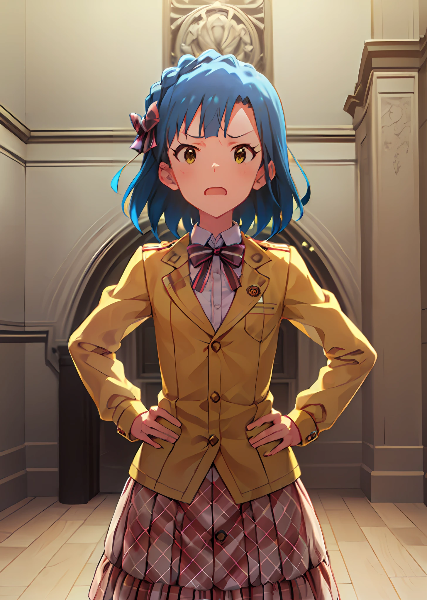 yuriko nanao (million live). Short stature. white t-shirts. suspenders.Skirt.(((masterpiece))).(((best quality))).((Ultra-detailed))).(((illustratio))). (((Put your hands on your hips))).(((a room))).(((make a fist))).(((up chest))).((Sad face)).((short-hair)).((Medium chest)).((Opening Mouth)).