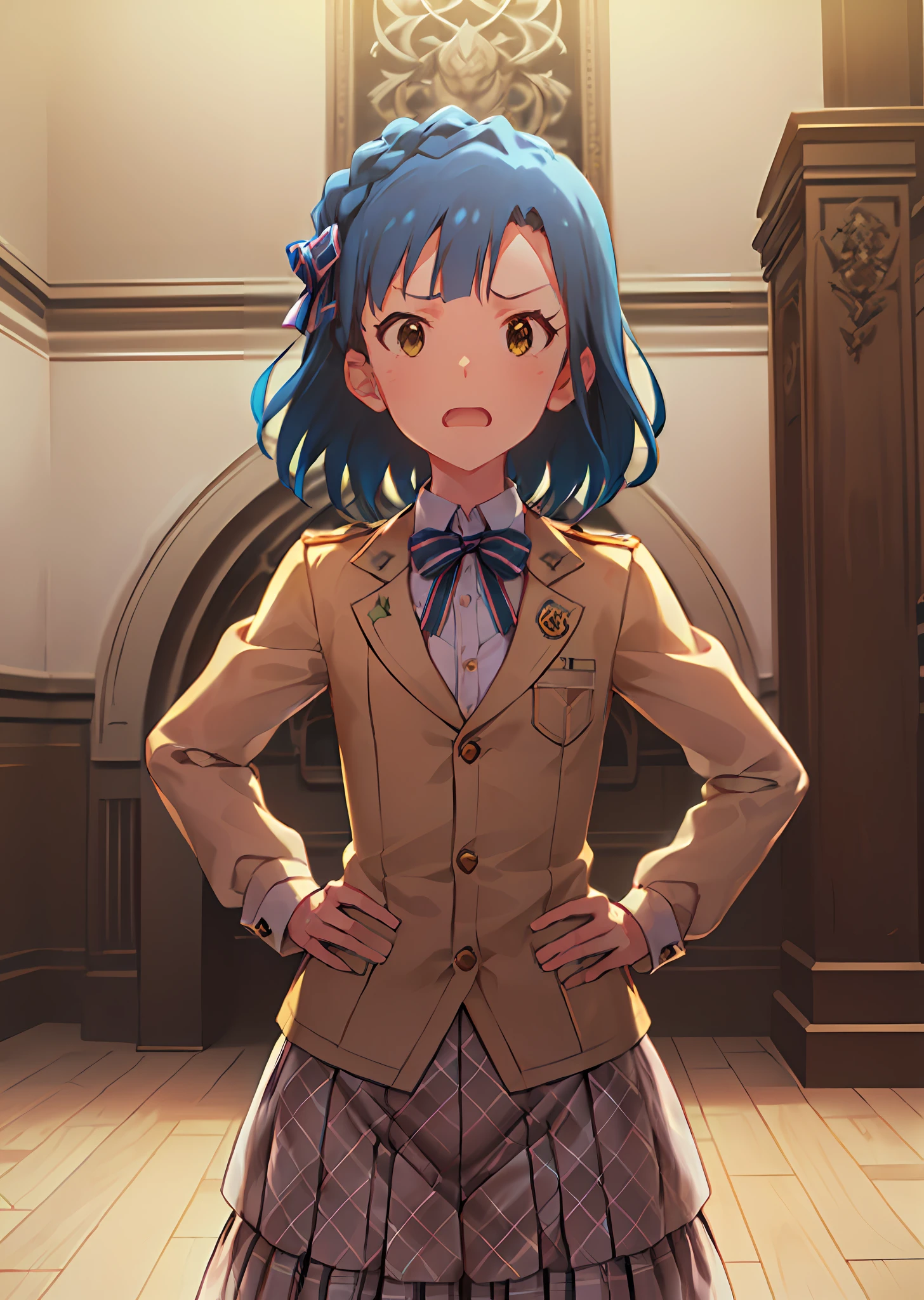 yuriko nanao (million live). Short stature. white t-shirts. suspenders.Skirt.(((masterpiece))).(((best quality))).((Ultra-detailed))).(((illustratio))). (((Put your hands on your hips))).(((a room))).(((make a fist))).(((up chest))).((Sad face)).((short-hair)).((Medium chest)).((Opening Mouth)).