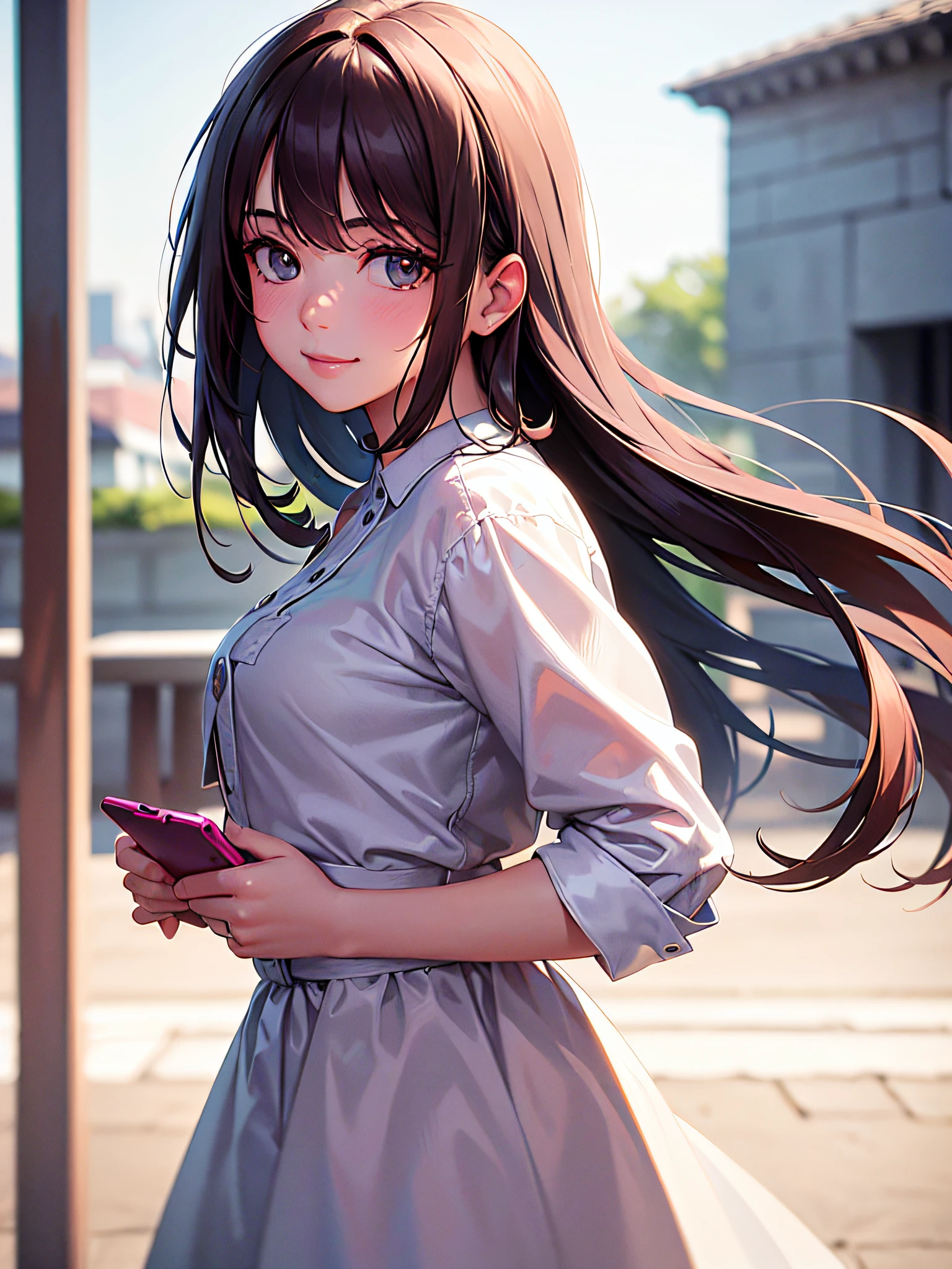((Best Quality:1.2, 8K, Sharp Focus, master piece: 1.2, natural Light, extremely details CG, beautiful Girl:1.2, reality, Detailed face textures, Realistic skin, beautiful makeup, Detailed bangs)), (depth of fields), Bokeh background, Head tilt, Smile, brown long hair, Cowboy Shot, (pink crop jacket), wind, selfie , from side, looking at viewer