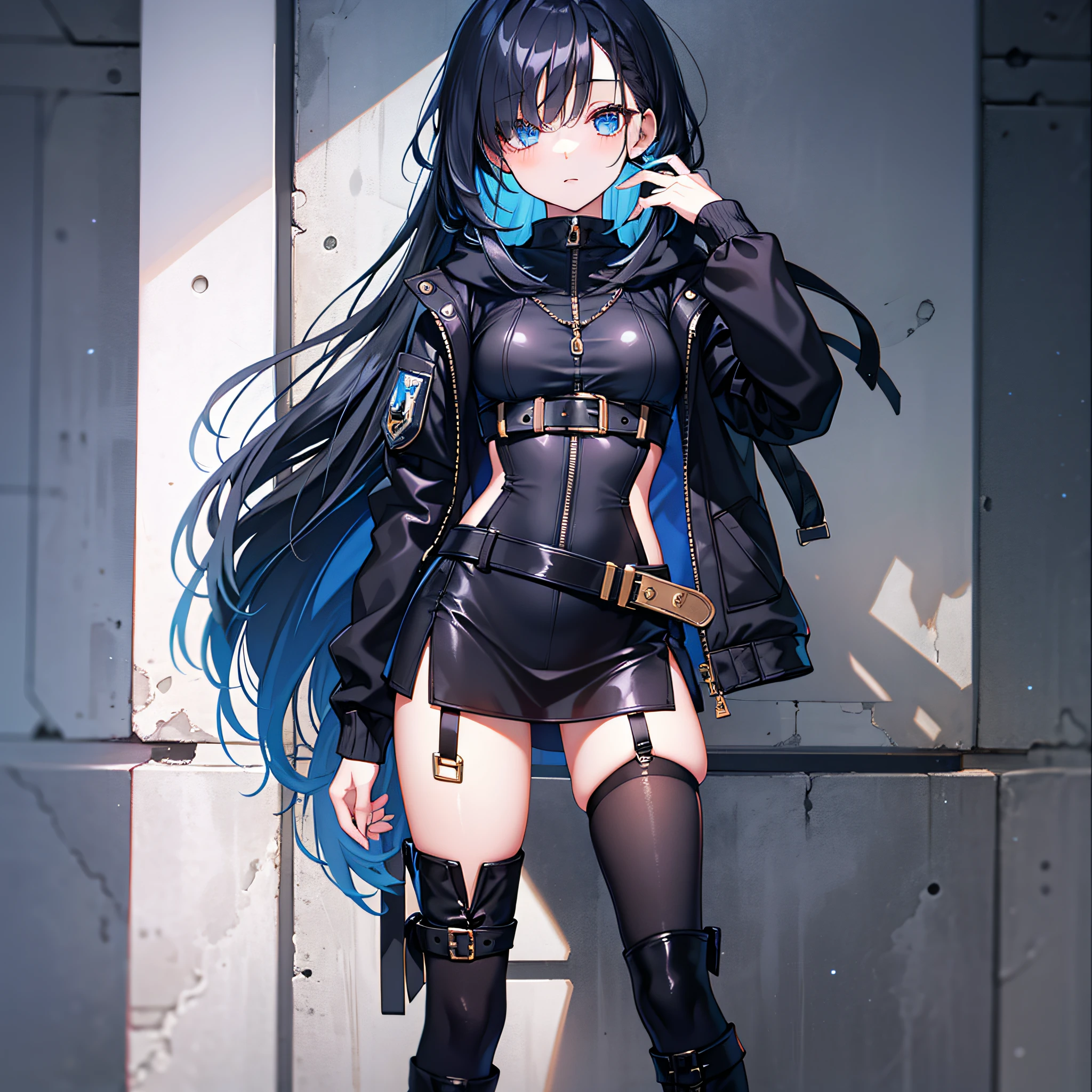 black pantyhoses,s girl,Starry eyes,Black parka,Dark blue hair,side pony tail,Extremely long hair,tmasterpiece,4K,Award-winning photos,extremely detaile,finely detailled,Highly detailed woman,Extremely detailed eyes and face,black knee boots,Full body like,Hair covers one eye,Perfect female body,1girll,black sash