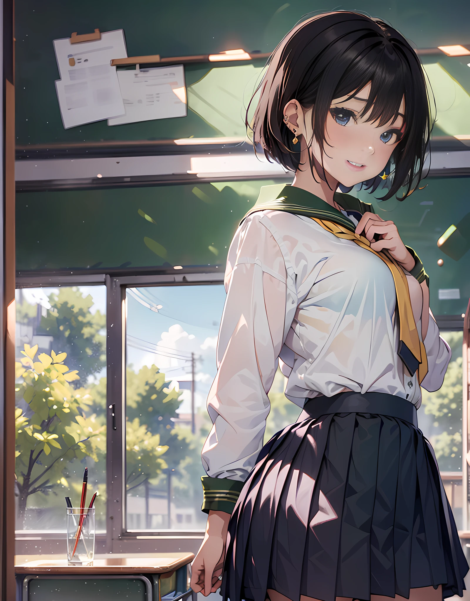 (masterpiece, best quality:1.37), highres, ultra-detailed, ultra-sharp, BREAK, Japanese school girl model, 1girl, (black hair, short hair, bangs), blue eyes, jewelry, earrings, piercing, BREAK, ((detailed school girl uniform:1.5), (detailed collard sailor shirt:1.3), (yellow tie:1.3), (dark-green pleats skirt:1.3), lovely look, detailed clothes), light smile, parted lips, pink lipstick, BREAK, standing, look back, from behind, cowboy shot, detailed human hands, HDTV:1.2, ((detailed school room background:1.3)), 8 life size, slender, anime style, anime style school girl, perfect anatomy, perfect proportion, inspiration from Kyoto animation and A-1 picture,