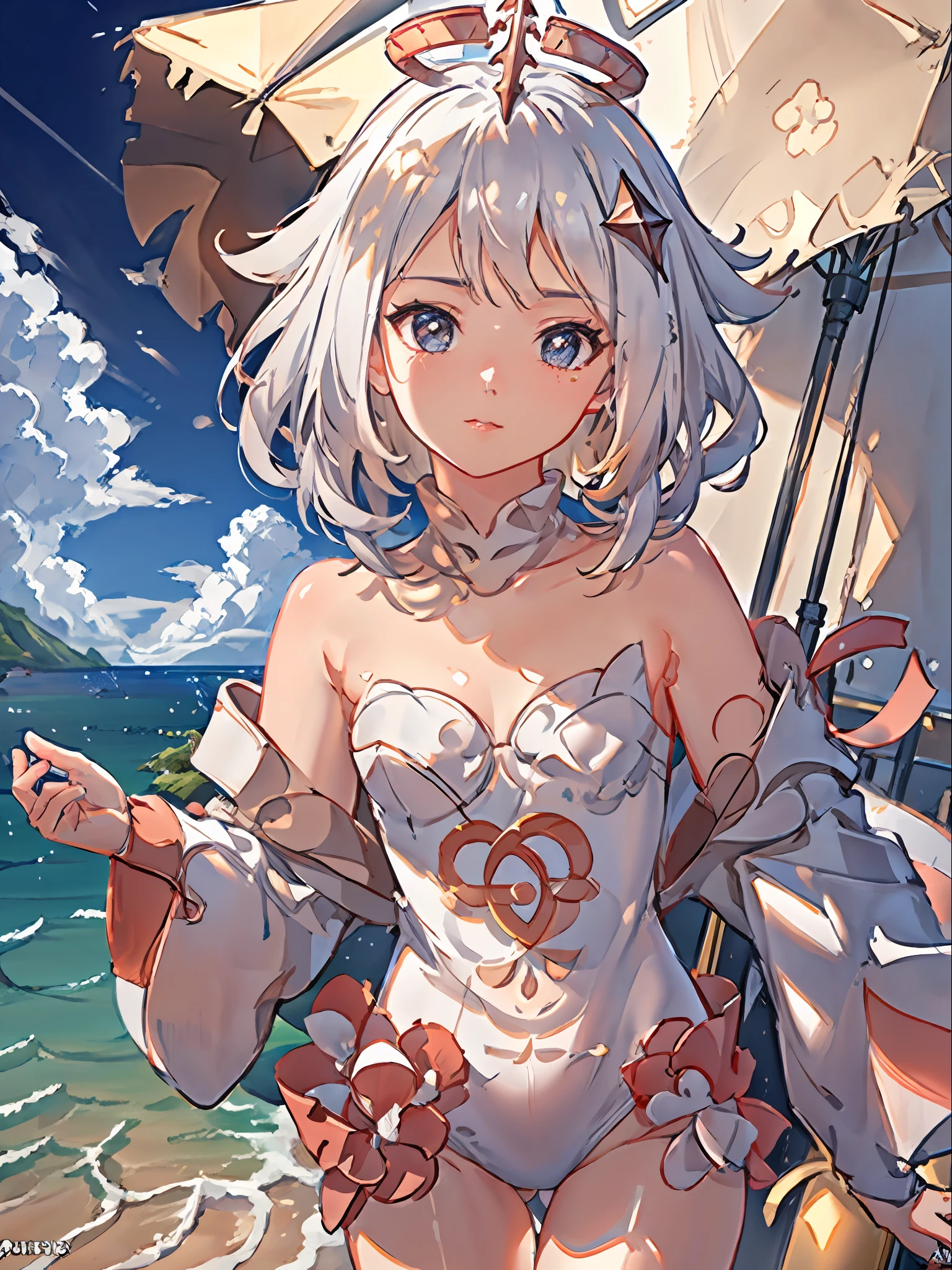 1girl, Paimon, (paimon genshin:1.3), (****:1.5), baby face, (white hair:1.3), seductive expression, slim lips, seductive pose, (swimsuit:1.3), beautiful swimsuit, cleavage, (tiny flat boobs:1.2), flat chest, halo on head, divine crown, high quality, best drawing, ultra detailed, 4k ultra hd, anime wallpaper, aesthetic background, beach background, high quality beach background, anime beach, detailed sea, detailed ocean, detailed water, ray tracing lighting, high quality background, high resolution, masterpiece, sharp details, ultra fine details, intricate details, (best resolution:1.5), directional lighting, cinematic details,raw 4k hdr, ((detailed face)), ((photorealistic face)), ((detailed hands)), (detailed body), (detailed hair), (((extreme detail)), ultra hd 4k, cinematic 8k, raw 8k, cinematic lightning, ((fine details)), ((intricate details)), ((detailed facial features)), ((detailed eyes)), detailed lighting, intricate detail, (((realistic))), realistic details, realistic face, ((extreme details)), (realistic face), realistic body, (((detailed body))), extremely detailed lighting, ((dynamic lighting)), (((ray tracing))), (((8k ultra hd))), cinematic lightning, (((extremely detailed realistic background))), (((detailed background))), ((realistic background)), ((cinematic background)), super realistic, natural lighting, natural background blur, (((photorealistic))), hyperrealistic 8k hdr background, (((sharp photorealistic details))), (masterpiece:1.5), drawn by master, best super quality, ultra quality, hyperrealistic lighting, beautiful background