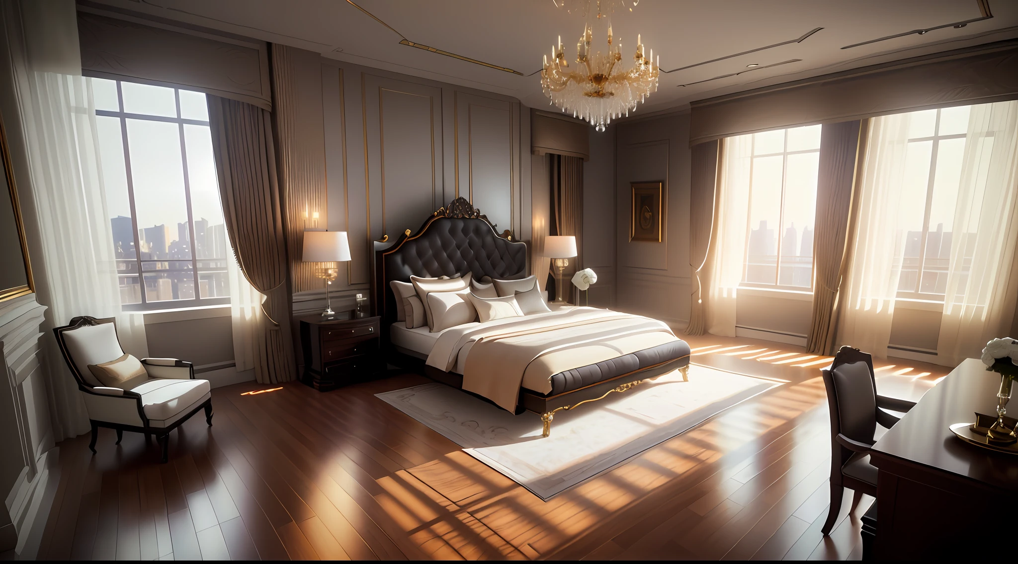Rooms with many windows have large beds, A luxurious setting, luxury hd render, dim bedroom, dramatic lighting render, Dramatic rendering, photorealistic room, vray rendered, 3D Unreal Engine Rendering, 3D Unreal Engine Rendering, Accurate architecture rendering, Luxury condominium interior, vray rendered, Bedrooms, low angle dimetric rendering
