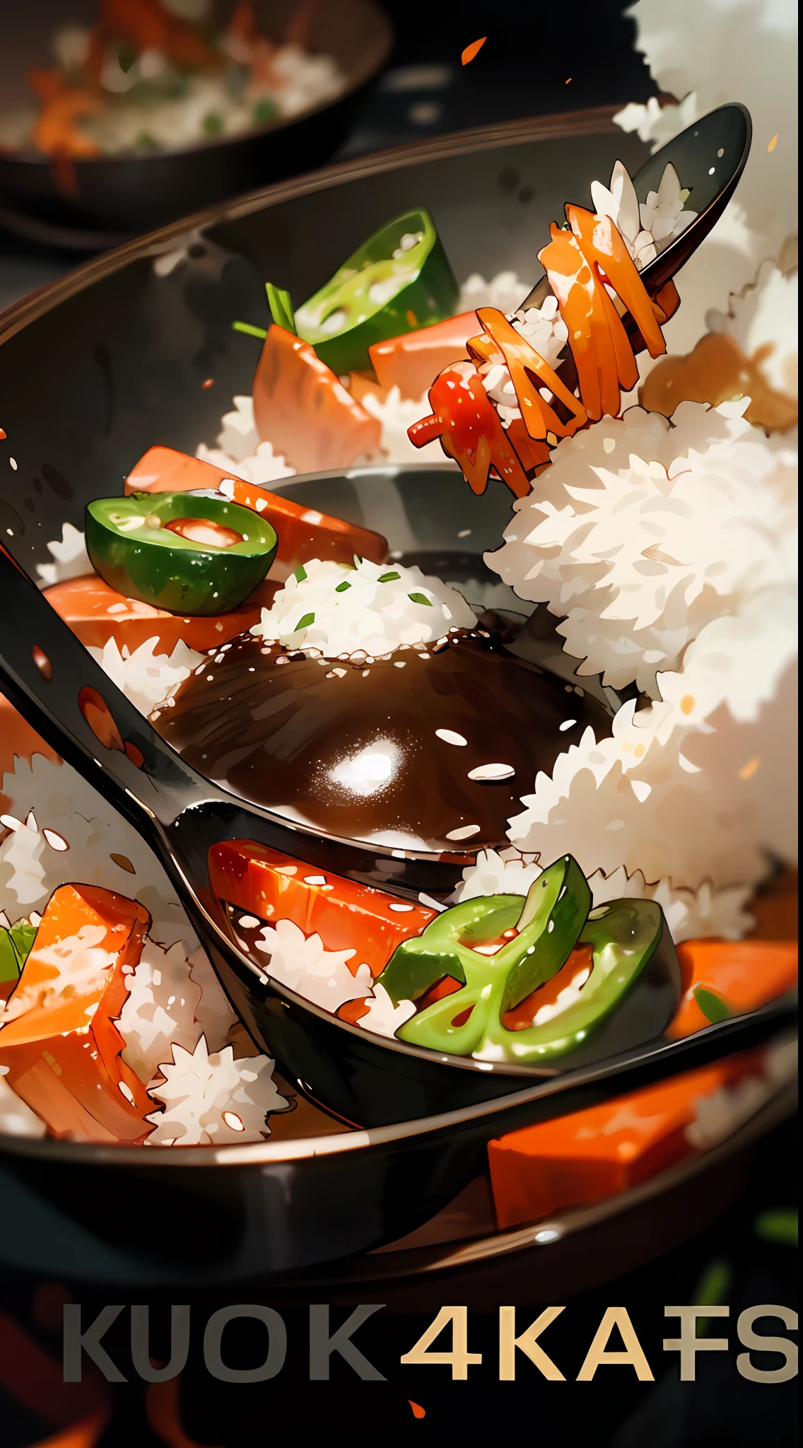 Someone is cooking with rice and vegetables from a wok, ❤🔥🍄🌪, super realistic food picture, Wang Chen, Amazing food illustration, food particles, [ Digital art ]!!, Chiba Yuda, food commercial 4 k, 💣 💥💣 💥, 💣 💥