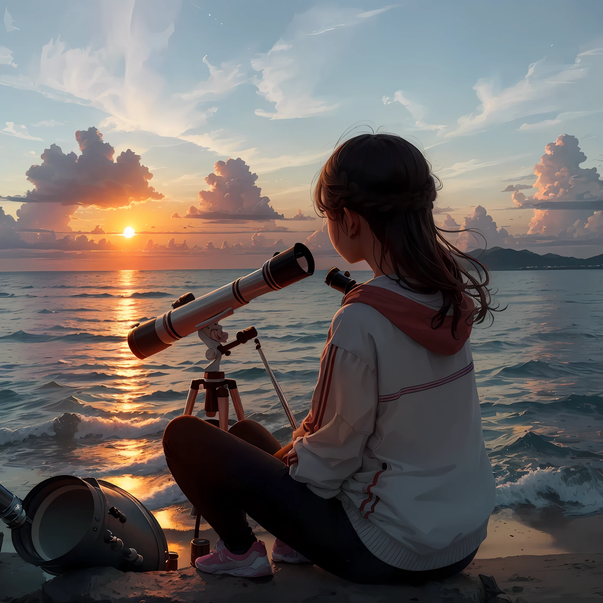 A girl watches the sunset with a telescope，Her hair fluttered in the wind。8K quality，Backshot，quadratic element --auto