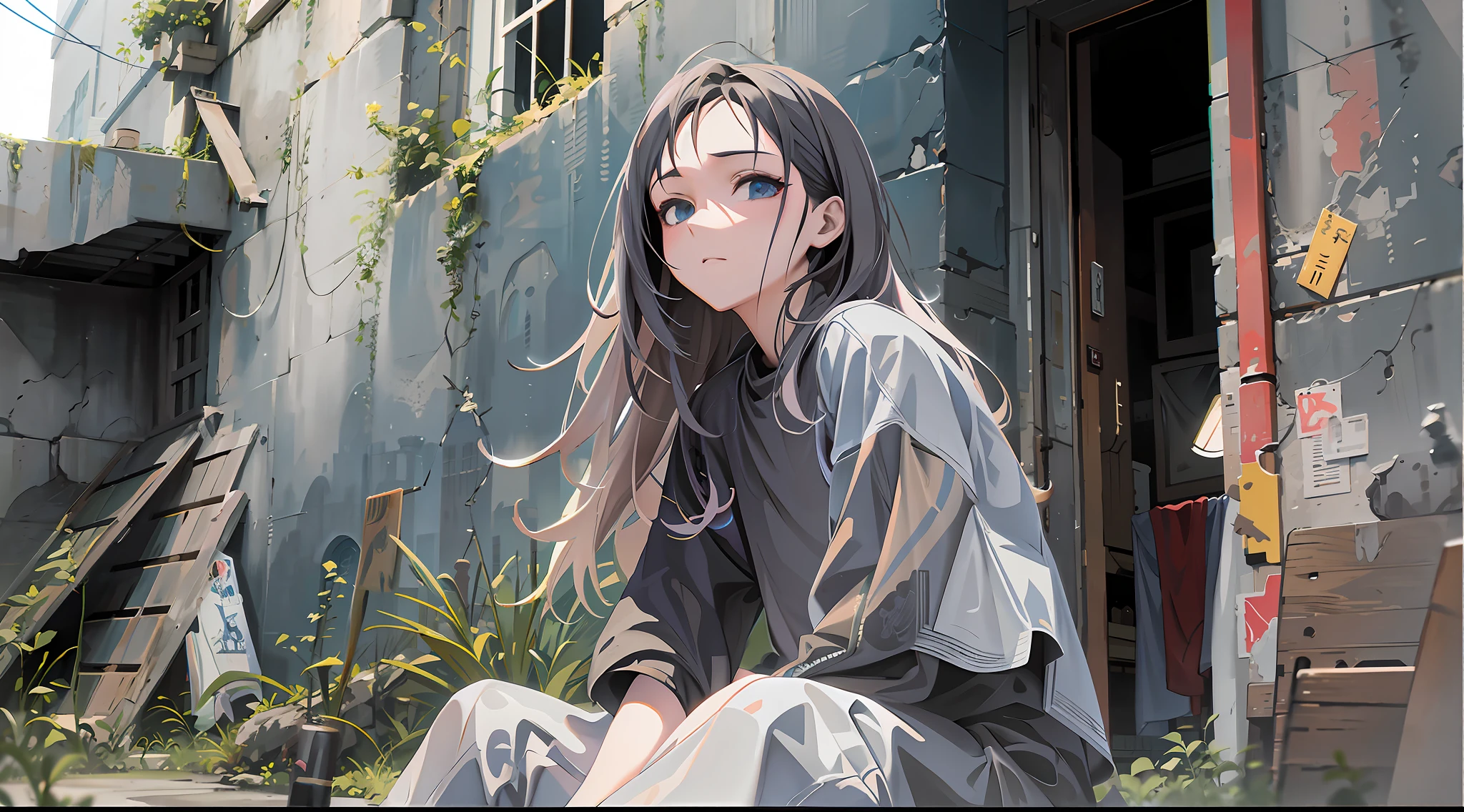 Anime girl sitting on the ground in front of a building, artwork in the style of guweiz, painted in anime painter studio, guweiz, High quality anime art style, digital anime illustration, realistic anime art style, guweiz on pixiv artstation, made with anime painter studio, guweiz on artstation pixiv, Beautiful Anime Portrait