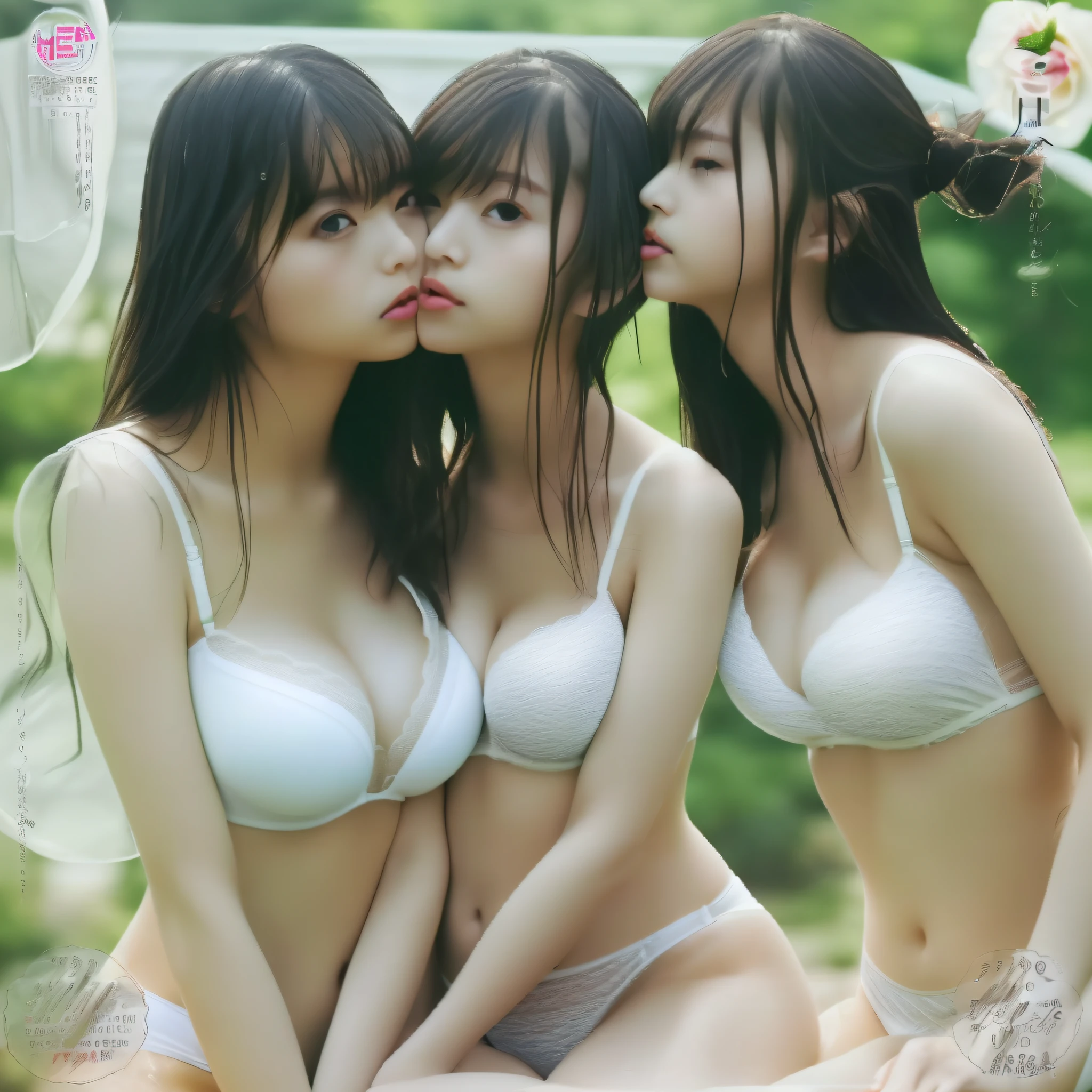 ((masterpiece))、(top-quality)、(detaileds)、2girls、(the kiss:1)、Dark hair、Dark hair、straight haired、White Bikini、((Has a small, Wet, see -through:1.5, beauitful face, Ren Hao, an legs, 超A high resolution, Plump breasts、cleavage of the breast、delicated、Lesbian kiss、White bra、White panties、Intertwining tongues、see -through、Asuka Saito、