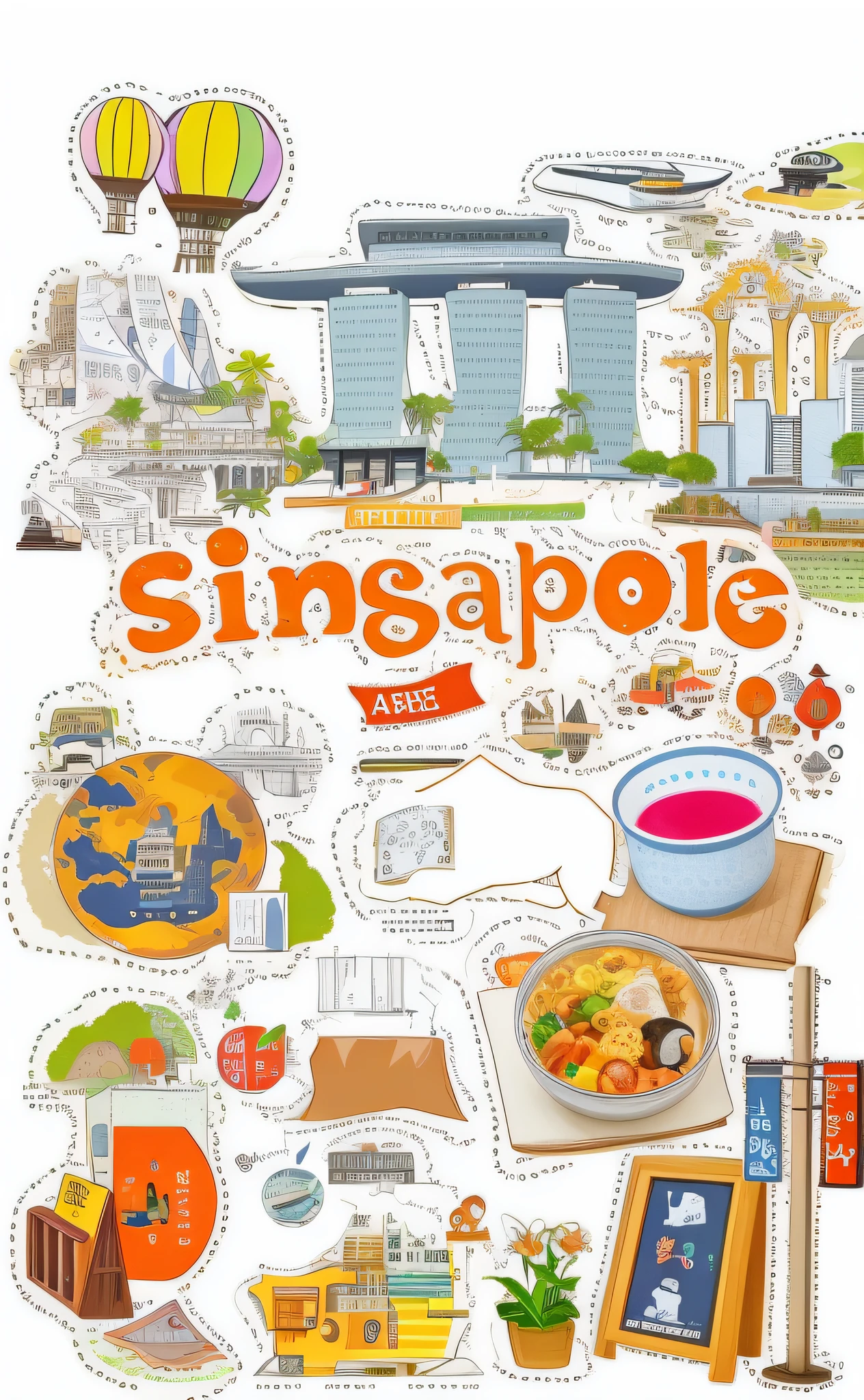 A close-up of a poster，There are a lot of different things on it, singapore ( 2 0 1 8 ), singapore, set on singaporean aesthetic, singapore city, Singapore Esplanade, Carefully crafted illustrations, illustrated!!, colorful doodle art, author：Ada Wong, clip art, sunday, Cartoon illustration, tourist destination, sfv, illustrated, [ Digital art ]!!