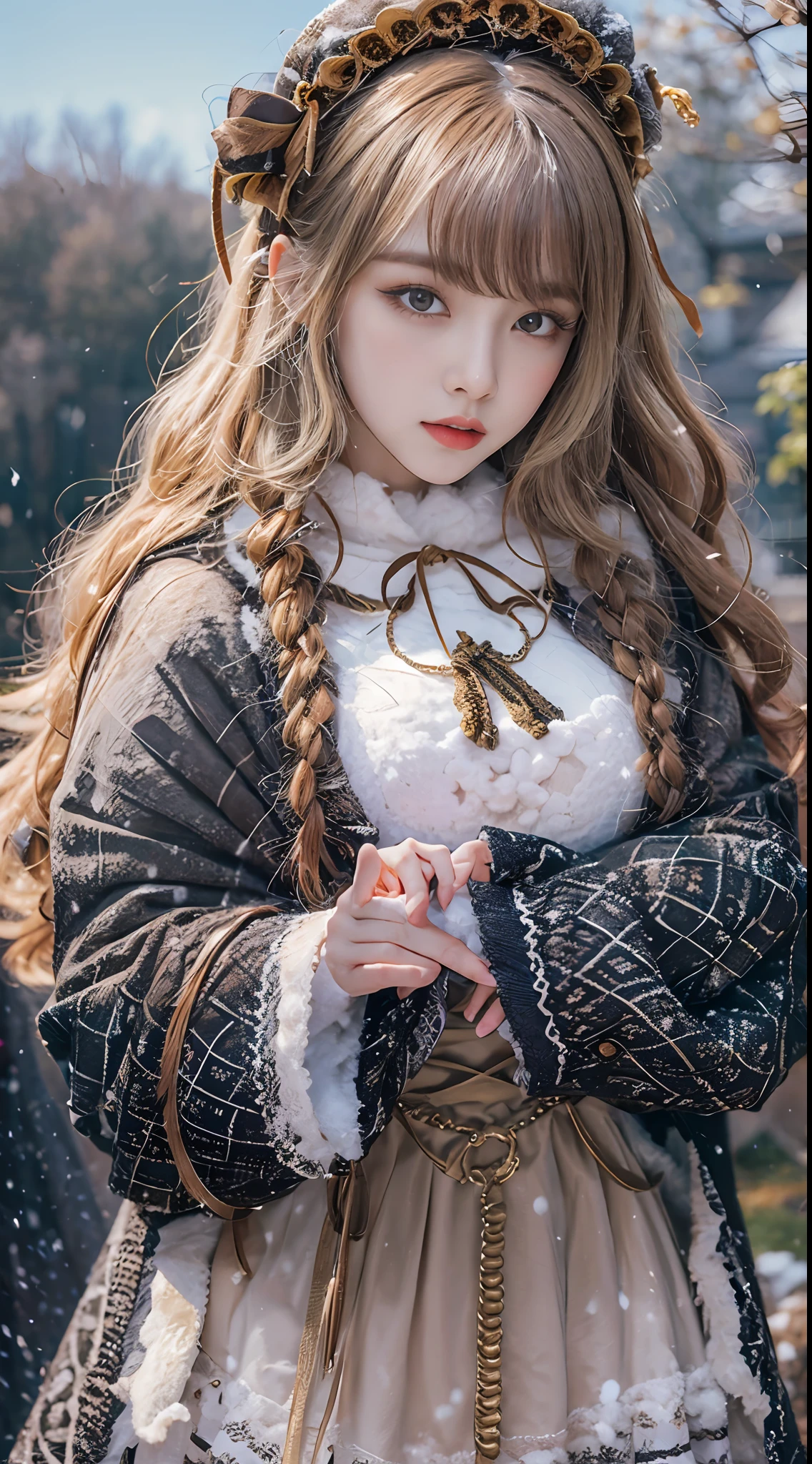 （8K， RAW photos， best qualtiy， tmasterpiece：1.2），（realisticlying， photograph realistic：1.4)
Lolita costume，Lace， Aerith Gainsborough， sat on the ground，(Cloak，do lado de fora，Cover with snow，snowfield) high high quality， highdetailskin， looking at viewert，