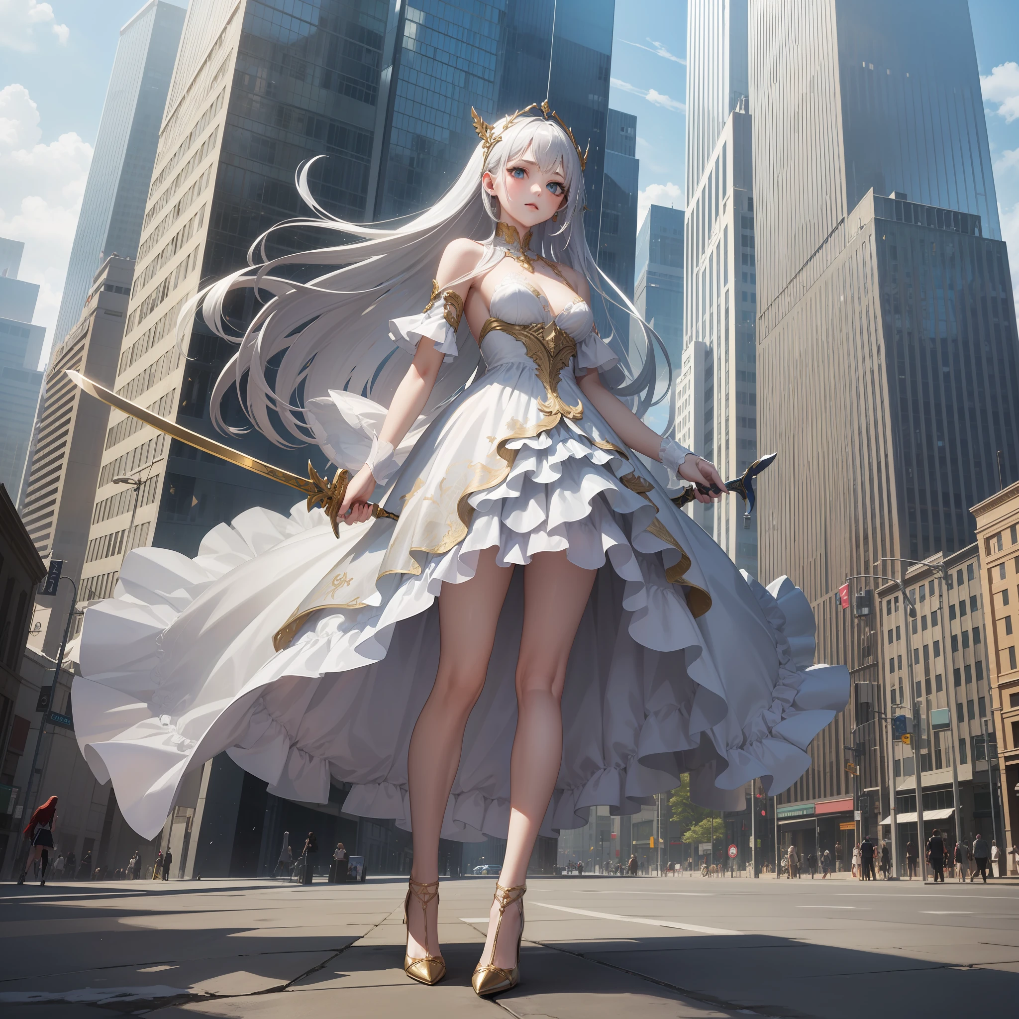 Silver-white girl with long hair,Dressed in a dress trimmed with white and gold,Stand on a towering building,Wear high heels,Sword in hand,(best qualtiy:1.4), (A detailed:1.5), (tmasterpiece:1.3),