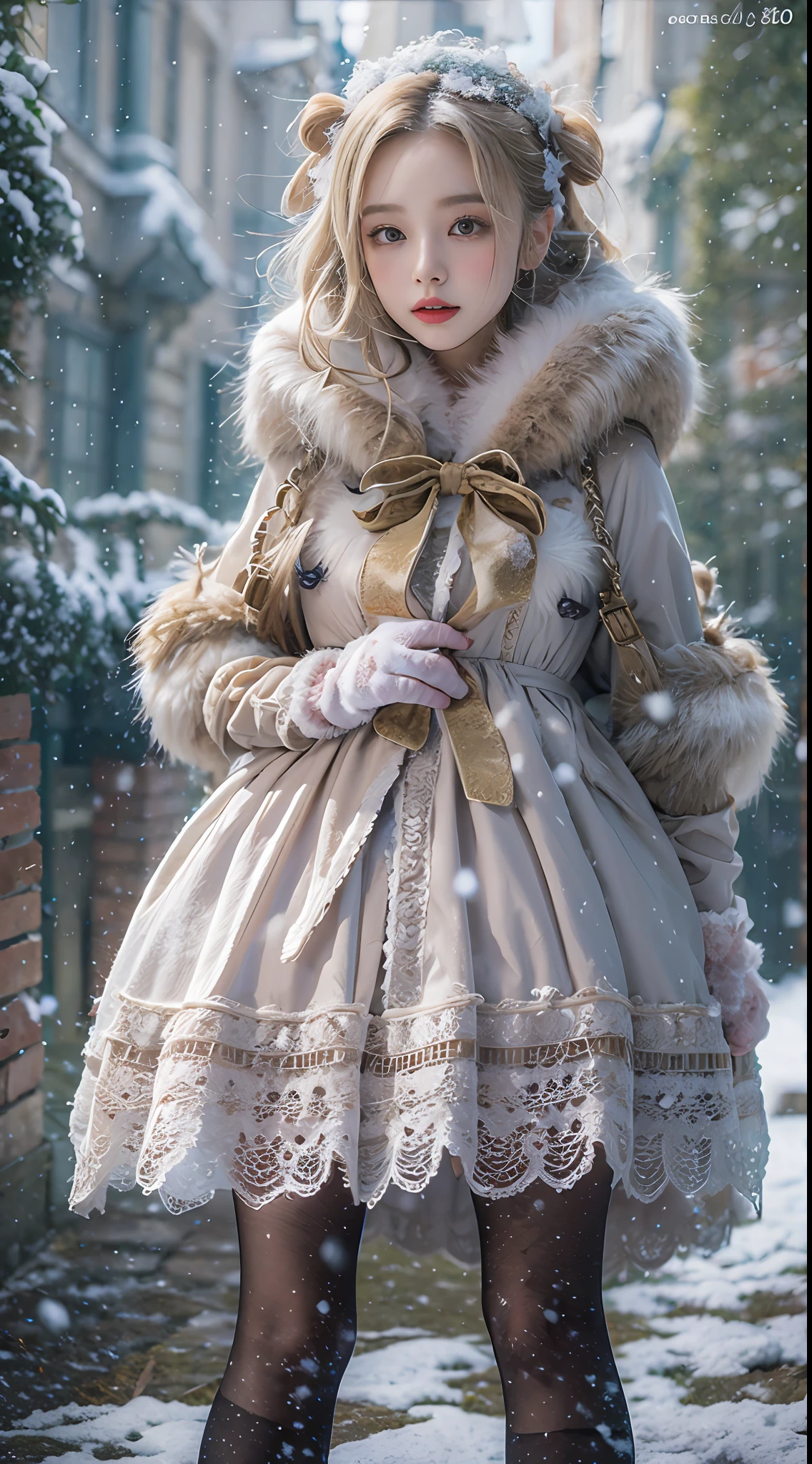 （8K， RAW photos， best qualtiy， tmasterpiece：1.2），（realisticlying， photograph realistic：1.4)
ta costume，Lace， Aerith Gainsborough， sat on the ground，(Cloak，do lado de fora，Cover with snow，snowfield) high high quality， highdetailskin， looking at viewert，