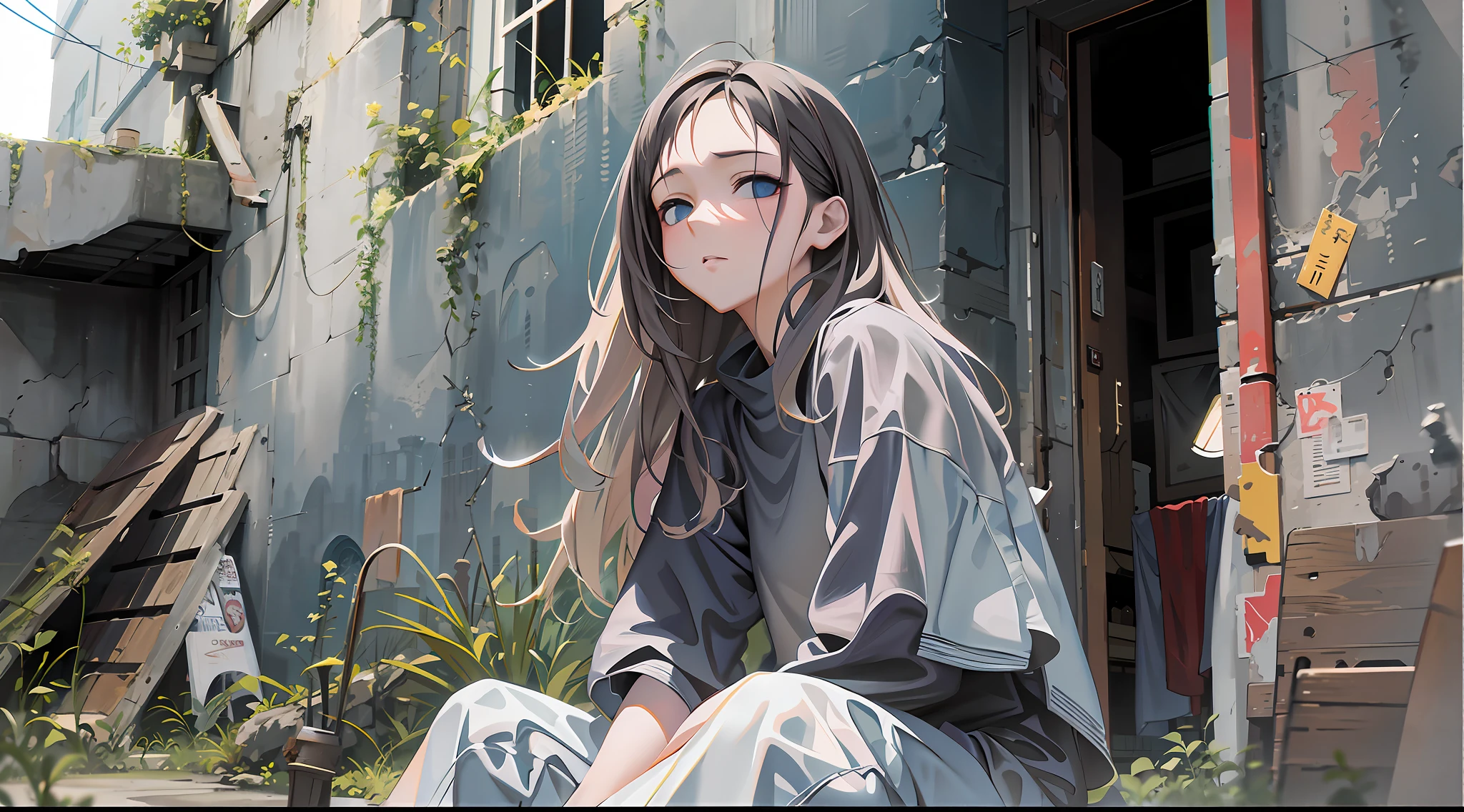 Anime girl sitting on the ground in front of a building, artwork in the style of guweiz, painted in anime painter studio, guweiz, High quality anime art style, digital anime illustration, realistic anime art style, guweiz on pixiv artstation, made with anime painter studio, guweiz on artstation pixiv, Beautiful Anime Portrait