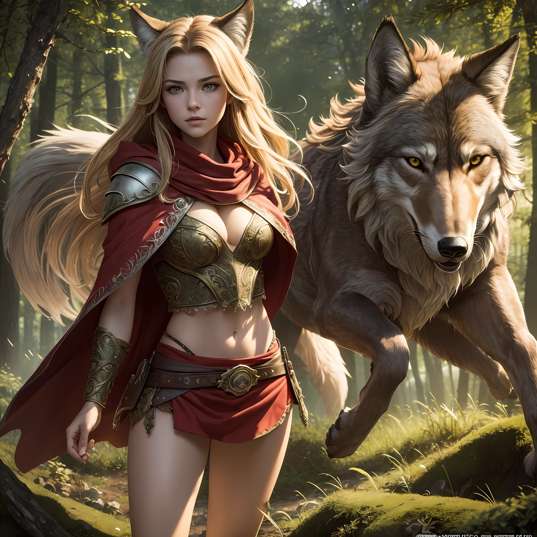 high details, best quality, 8k, [ultra detailed], masterpiece, best quality, (extremely detailed), dynamic angle, ultra wide shot, RAW, photorealistic, fantasy art, dnd art, rpg art, realistic art, a wide angle picture of a female huaman ranger hunting a wolf, human ranger, warrior of nature full body, [[anatomically correct]]. dynamic position (1.5 intricate details, Masterpiece, best quality) armed with a longbow(1.6 intricate details, Masterpiece, best quality) in a fantasy forest (1.5 intricate details, Masterpiece, best quality), a woaman wearing red hood, red cloak (1.4 intricate details, Masterpiece, best quality), blond hair, intense bright eyes, fantasy forest  background (intense details), big wolf (1.4 intricate details, Masterpiece, best quality), dynamic light (1.4 intricate details, Masterpiece, best quality), dynamic angle, (1.4 intricate details, Masterpiece, best quality) 3D rendering, high details, best quality, highres, ultra wide angle