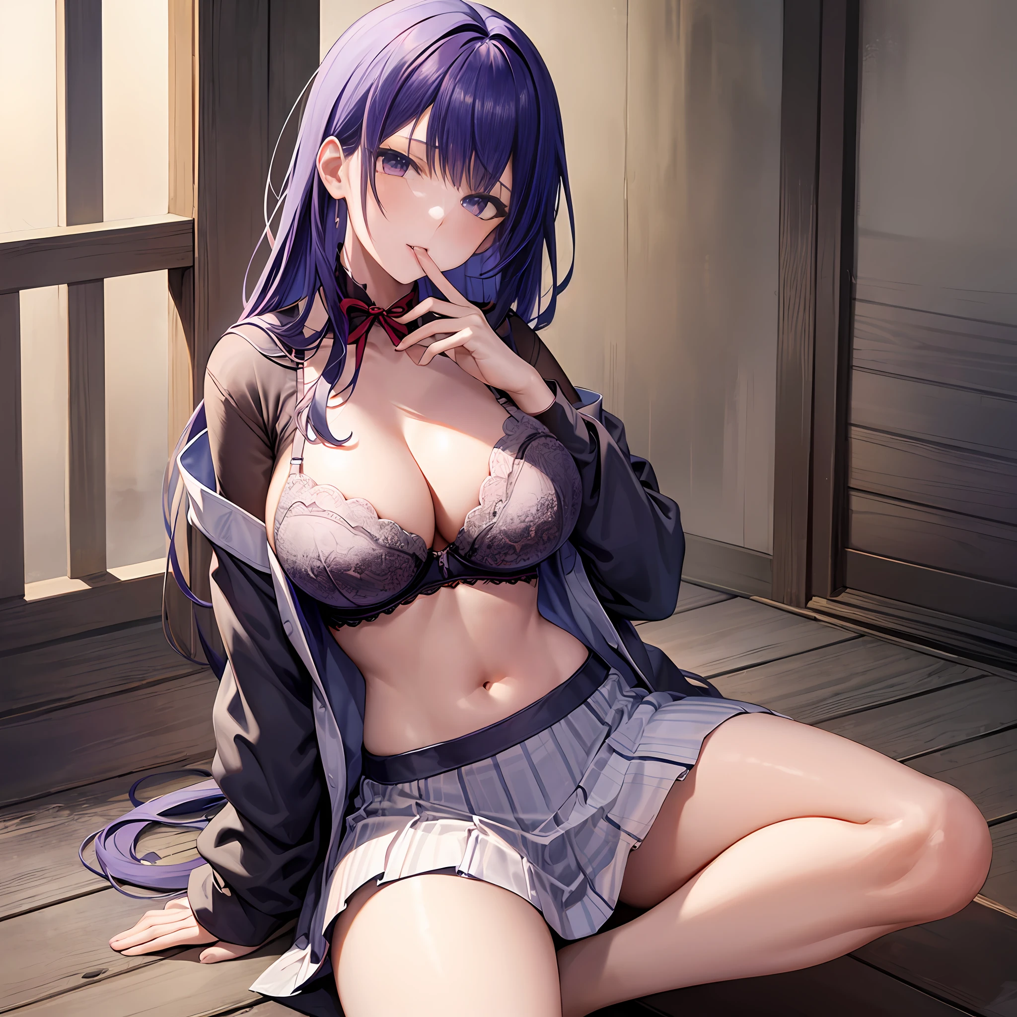 1Raiden shogun, large breasts,clothes in mouth, cleavage, navel, t-shirt, ((bra)),clothes lift, shirt in mouth, skirt, lying, full Body,sexy body,sitting
