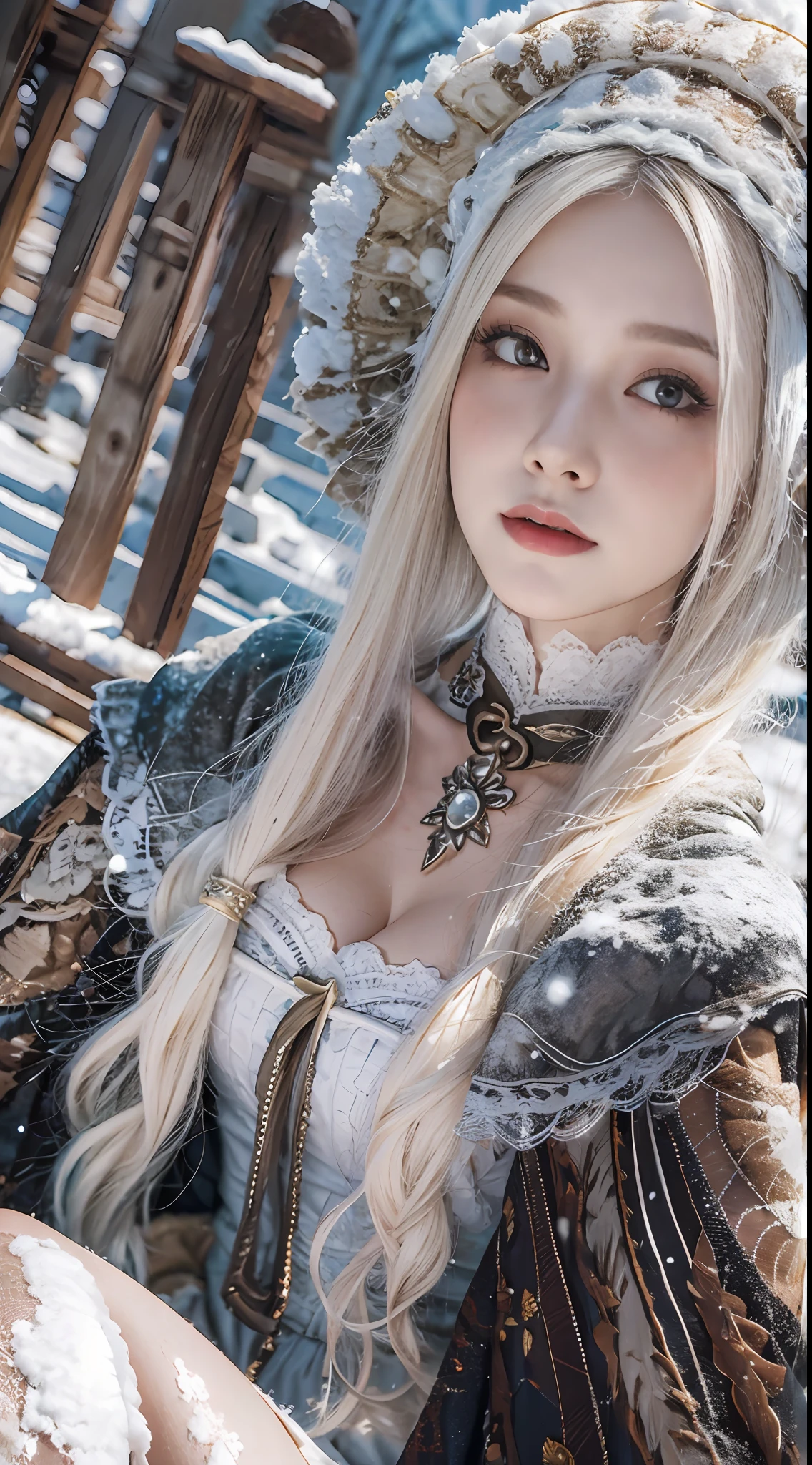 （8K， RAW photos， best qualtiy， tmasterpiece：1.2），（realisticlying， photograph realistic：1.4)
Lolita costume，Lace， Aerith Gainsborough， sat on the ground，(Cloak，do lado de fora，Cover with snow，snowfield) high high quality， highdetailskin， looking at viewert，