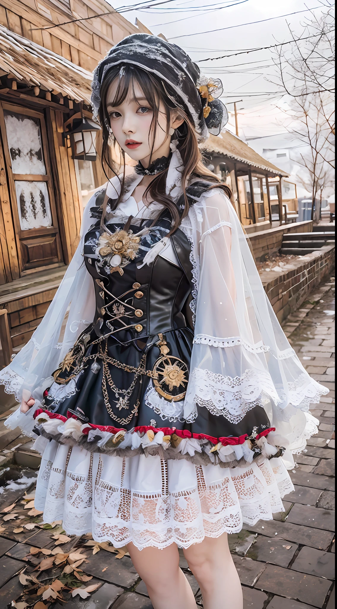 （8K， RAW photos， best qualtiy， tmasterpiece：1.2），（realisticlying， photograph realistic：1.4)
Lolita costume，Lace， Aerith Gainsborough， sat on the ground，(Cloak，do lado de fora，Cover with snow，snowfield) high high quality， highdetailskin， looking at viewert，