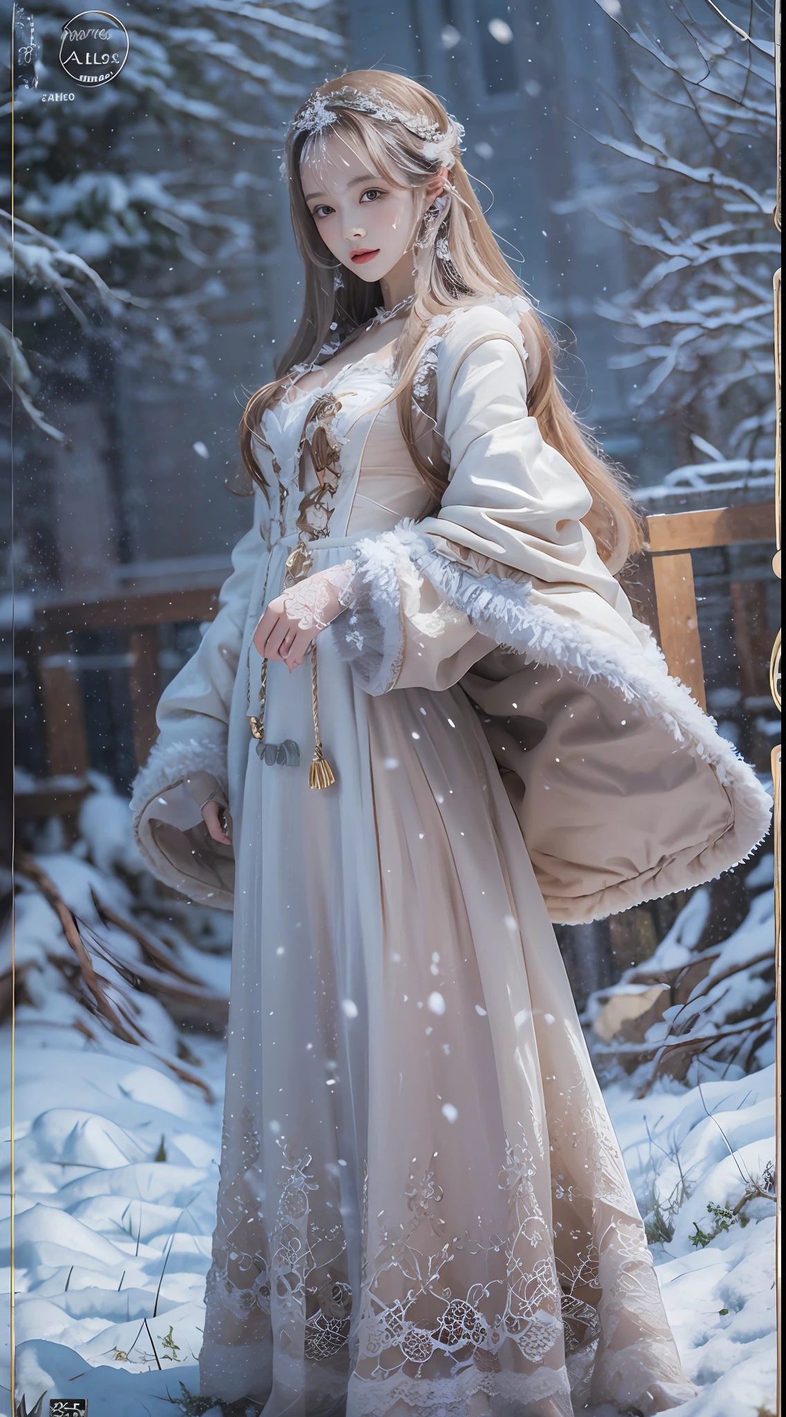 （8K， RAW photos， best qualtiy， tmasterpiece：1.2），（realisticlying， photograph realistic：1.4)
Lolita costume，Lace， Aerith Gainsborough， sat on the ground，(Cloak，do lado de fora，Cover with snow，snowfield) high high quality， highdetailskin， looking at viewert，