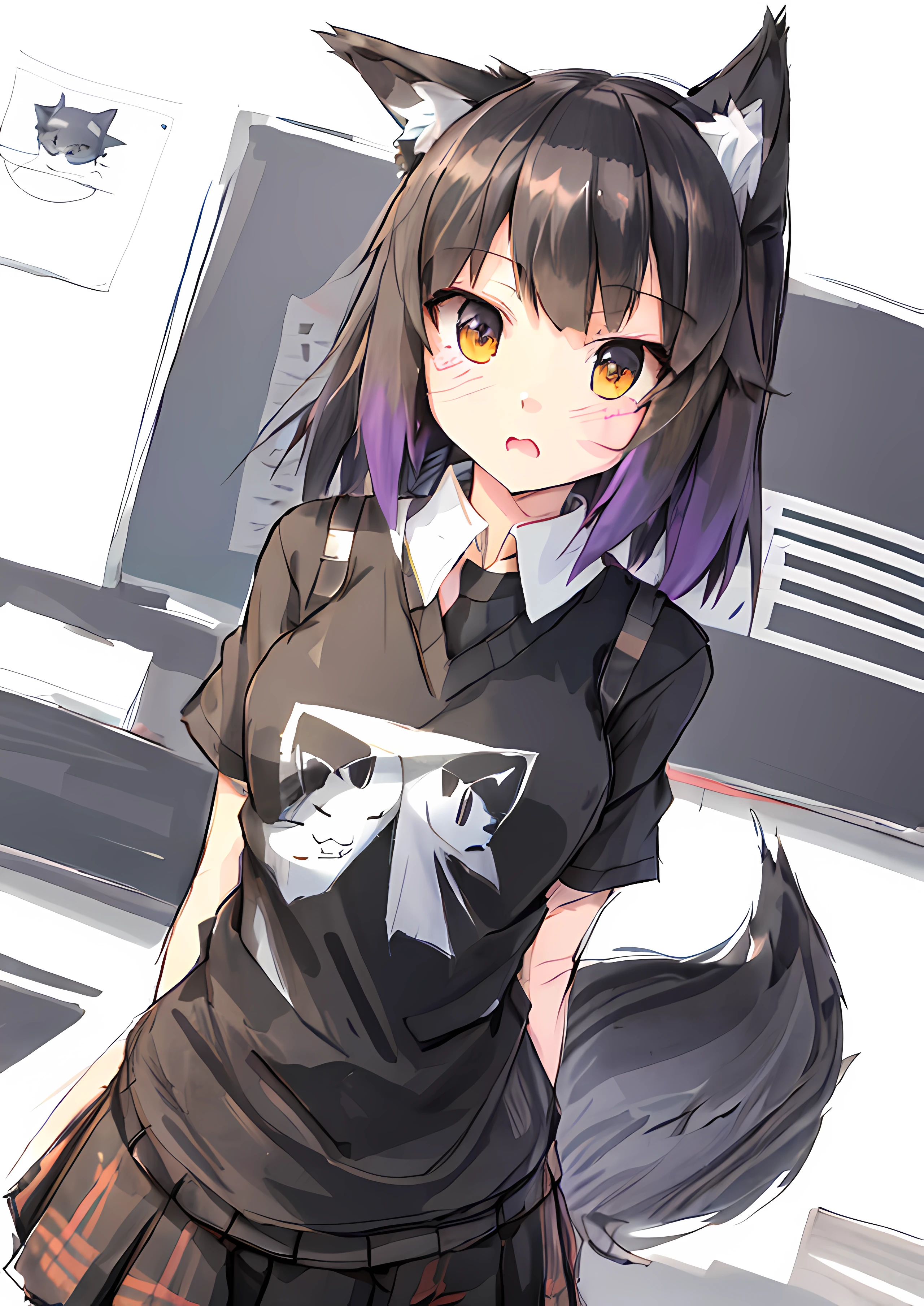 A painting of a girl with cat ears and a shirt, clean anime outlines, anime moe art style, anime sketch, anime shading), anime style drawing, flat anime style shading, clean and meticulous anime style, Line sketch!!, anime catgirl, thick lineart, thick black lineart, Holo is a wolf girl, anime girl with cat ears