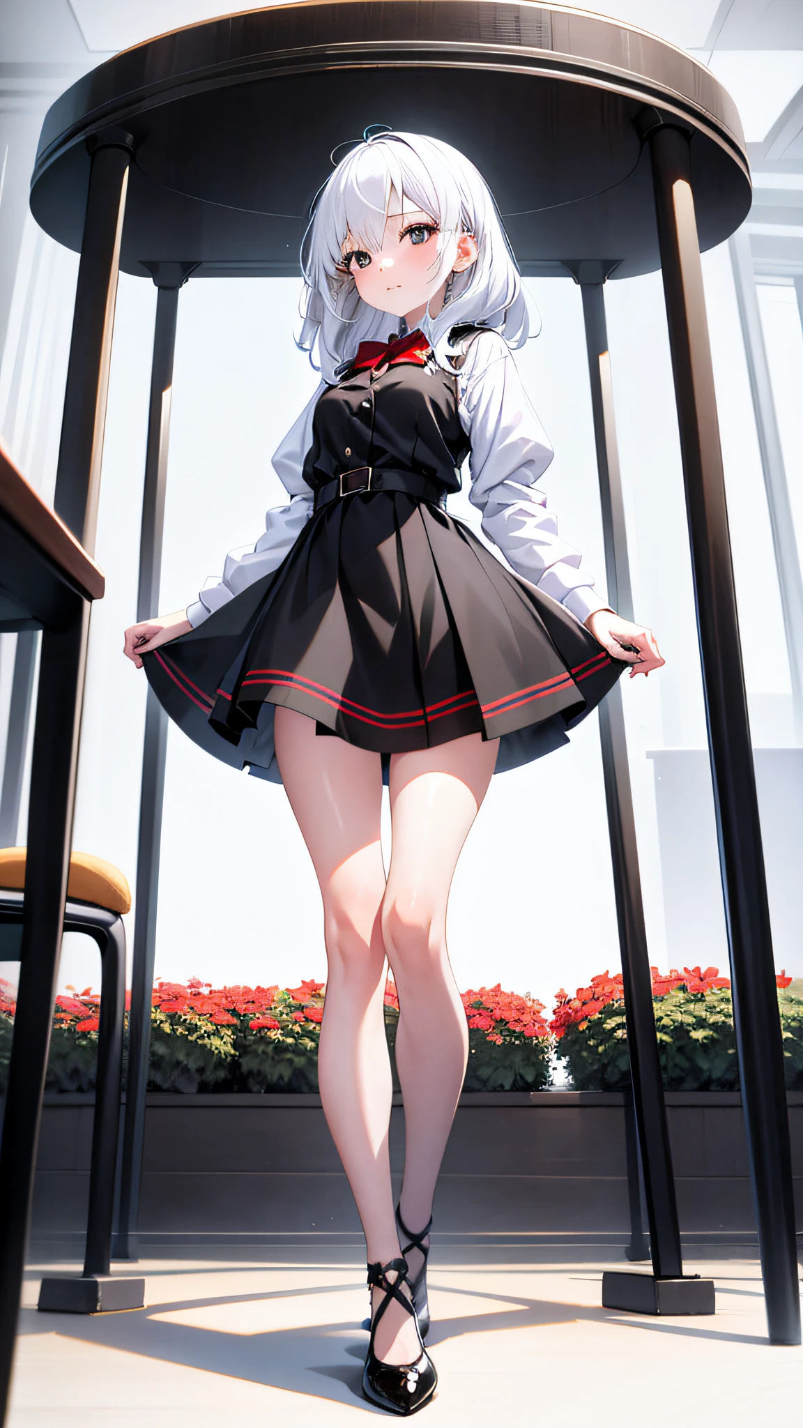 [(White background:1.5)::5], (Bottle bottom:0.9), 1 girl, Medium Shot Shot, full body,White hair,Black dress,Red bow,Black shoes,bule eye,Long legs,right leg on,black sock, Supermarket