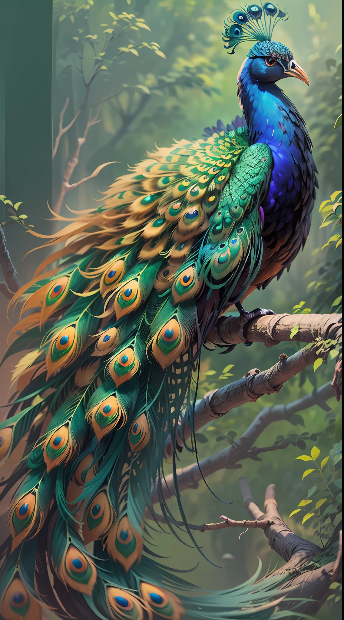 A colorful peacock,Colorful feathers,The feathers are brightly colored and layered,Standing on a branch。(The peacock opens the screen and faces squarely:1.3),(The peacock picture is centered),(Medium and close range),(Finely depicted head,leges,clawed paws:1.3),(Overall silhouette,)Ultra photo realsisim,super-fine,超高分辨率,8K,Premium wallpapers,Highest image quality,3D,C4D