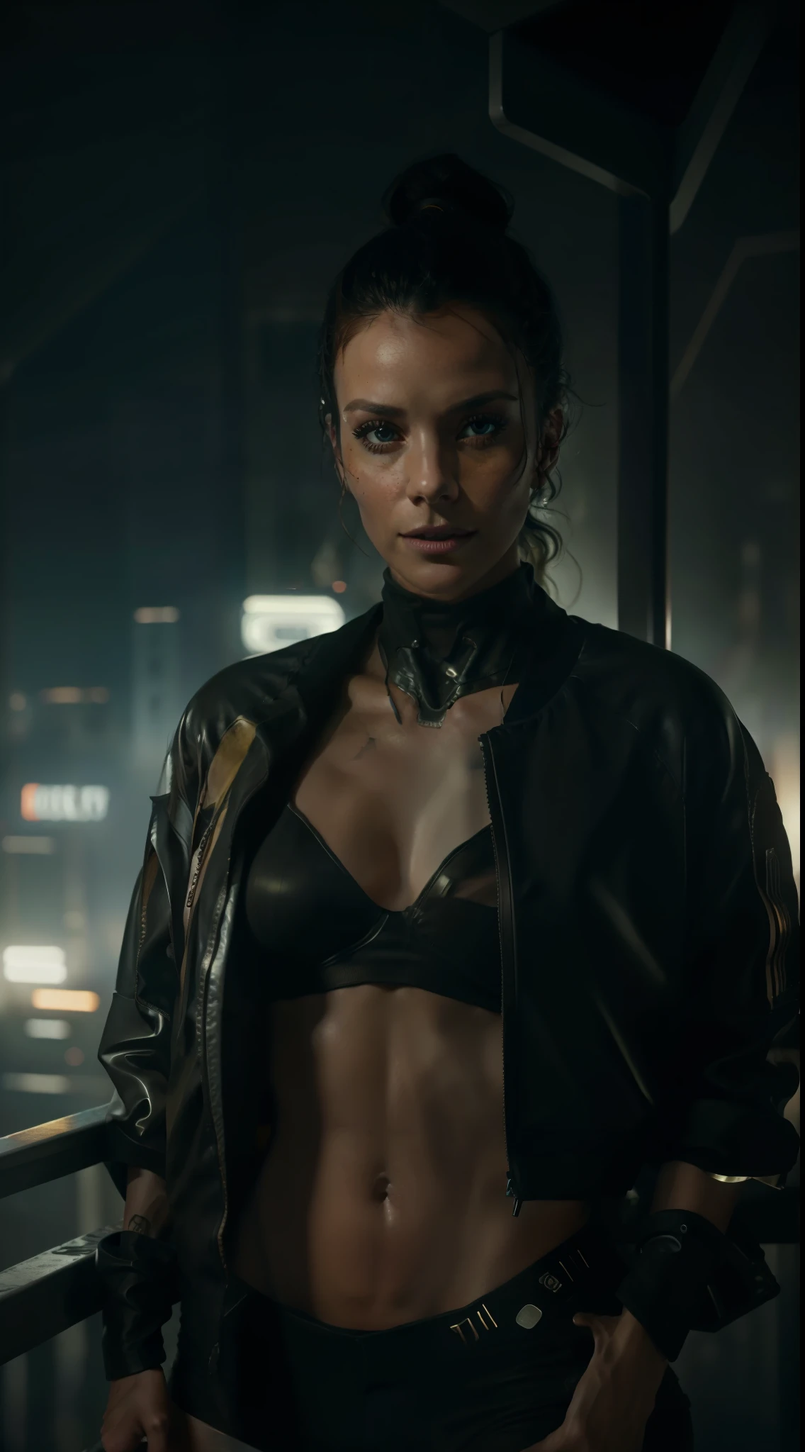 (8k, ARTISTIC photography, best quality, masterpiece: 1.2), RAW photo, a (potrait:1.2) of a woman ,Cyberpunk balcony wearing yellow cropped bomber jacket (((Roxanne Perez))) (highly detailed skin:1.2), 8k uhd, dslr, soft lighting, high quality, film grain, Fujifilm XT3, staring at the camera in front, wild Black hair, ((dynamic pose))) over-detailed face, beautiful body, toned body, edge runner jacket, 8k uhd, SLR camera, soft lighting, high quality, film grain, Arri Alexa mini , Cinematic lighting, octane render, cinematic lighting, complex, 8k resolution concept art portrait , edgerunner, blade runner, Cyberpunk 2077, hyperrealistic, photo awesome, gritty, realistic, (((pure 8K))), (((perfect anatomy))), extremely high-quality graphics, Riddley Scott, Blade Runner, Denis Villeneuve, (((cinematic lighting))), ((clear details)), complex, highly detailed background,