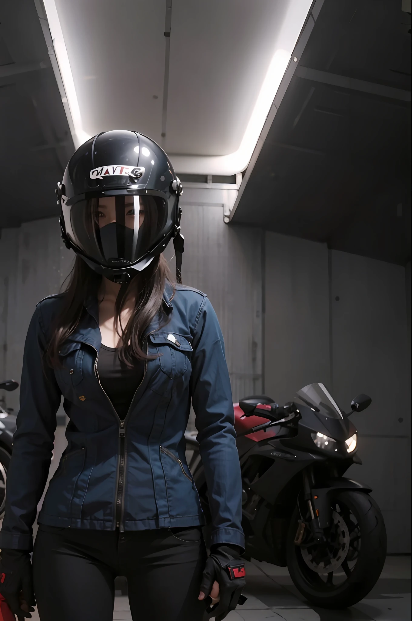 Woman in blue jacket and black pants standing next to a motorcycle, 8k octane render photorealistic, futuristic clothing and helmet, 8k 辛烷值渲染, 8 k octane render, 8k octane rendering Ultra HD, fine details 8k octane rendering, photograph of a techwear woman, cinematic 4k octane render, Rendu portrait 8k, motorcycle helmet