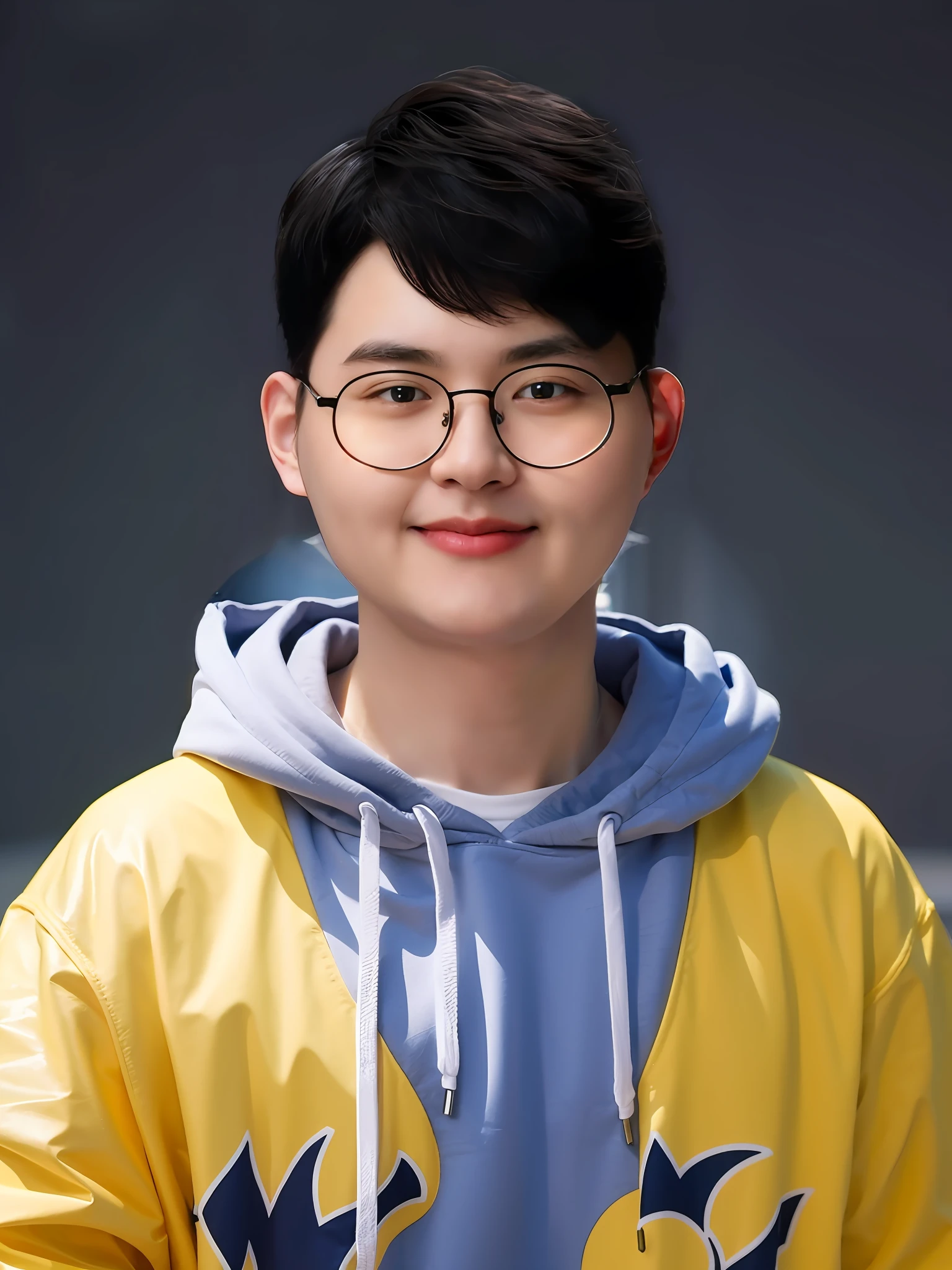 A Chinese male high school student，Wearing a blue casual sweatshirt in PVC