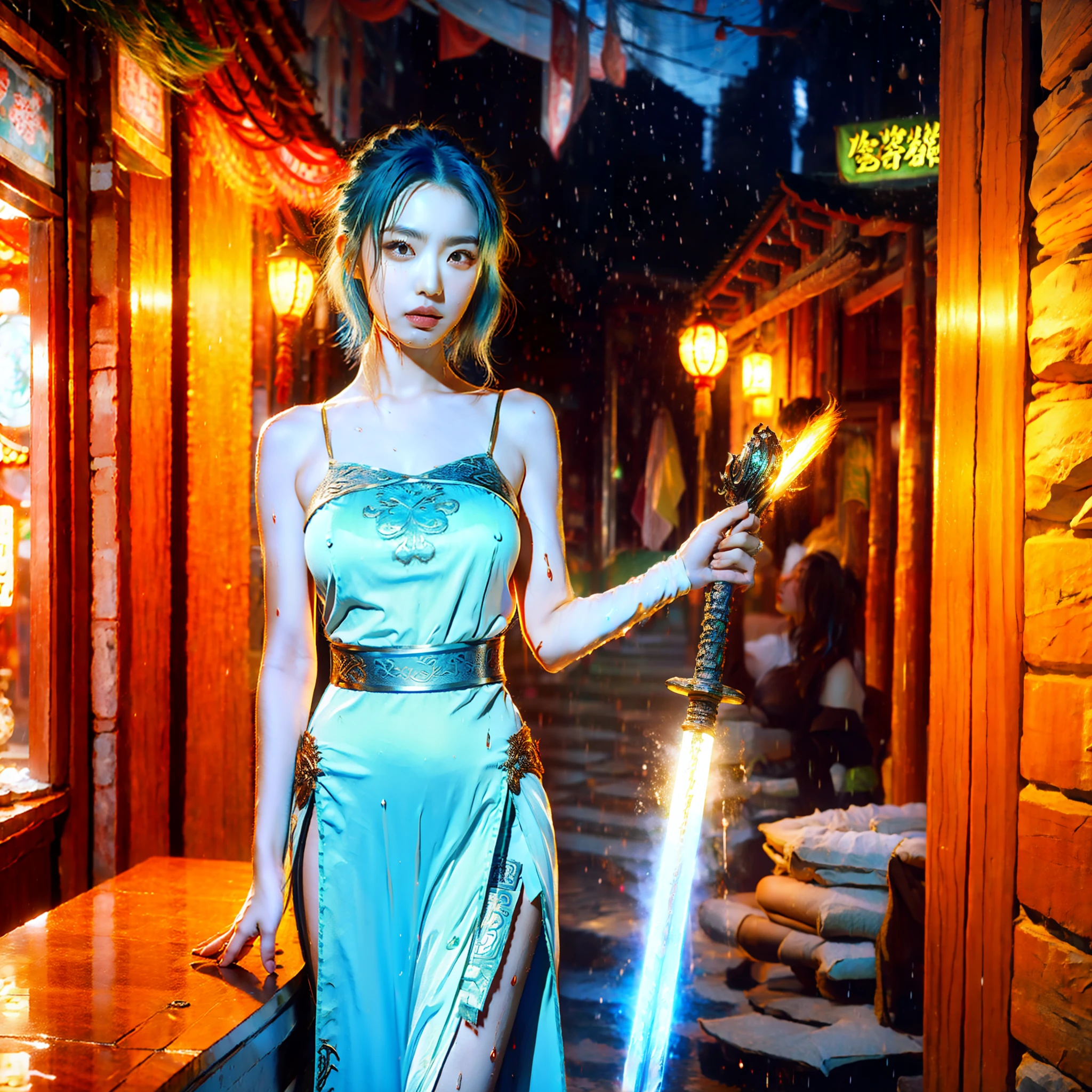 bluer hair:1.2,Short hair,femele,Ancient Chinese street scene,Rainy days,Blue cheongsam tight one-piece slit,Broad bare breasts,The skirts parted,Satin,Full-body image,Wet dripping,Holding a green dragon sword in his hand,The sword body is bubbling with cold light,Facial moisture,Expose the collarbone