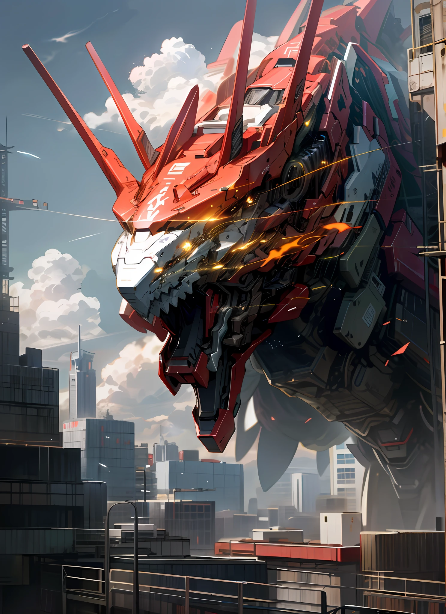 sky, cloud, no_humans, glowing, Flying, ,Robot Animal, Dragon, red Colour, building, glowing_eyes, mecha, science_fiction, city, realistic, mecha, high quality