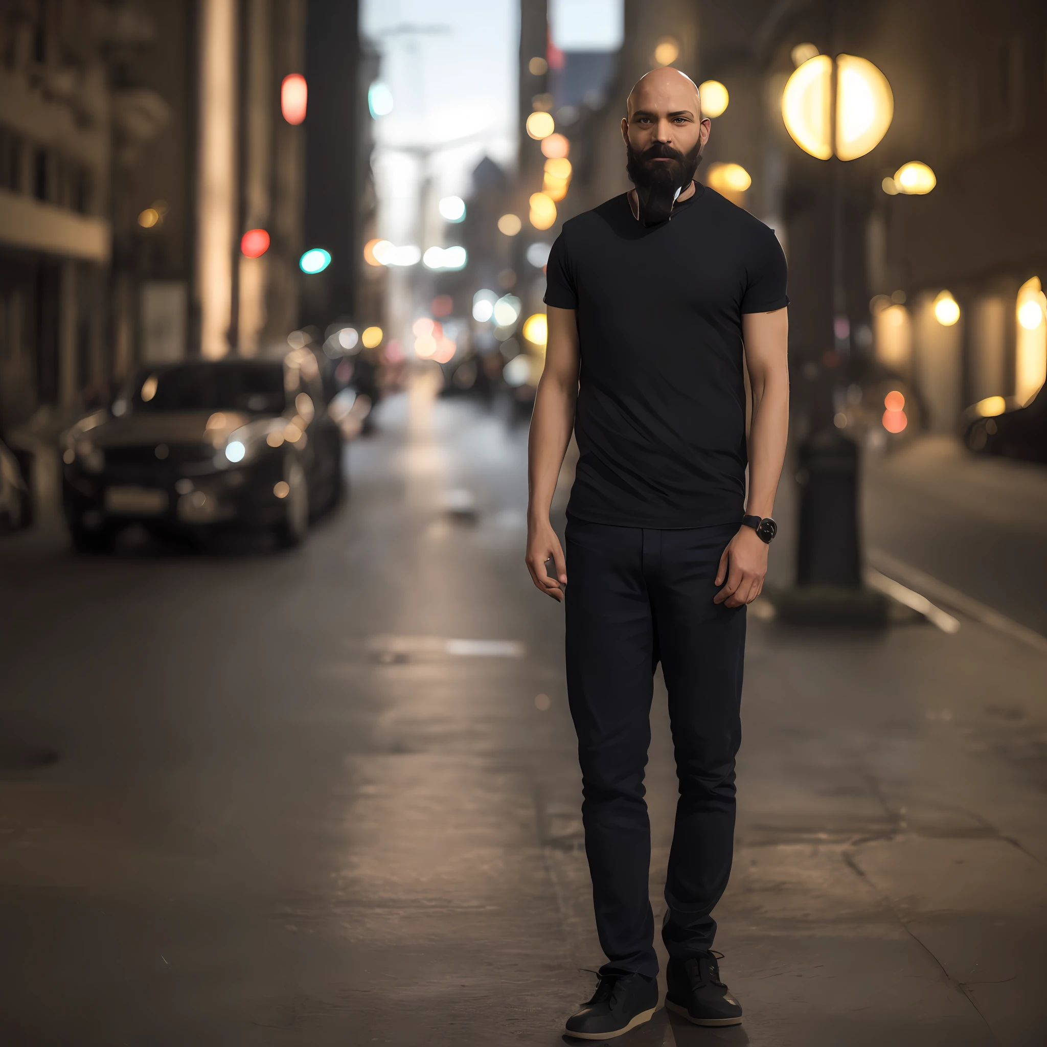 RAW photos，35-year-old casual male portrait，Bald head and beard，the night，the city street，（highdetailskin：1.2），8k uhd，Slr，softlighting，high qulity，filmgrain，Fujifilm XT3 --auto