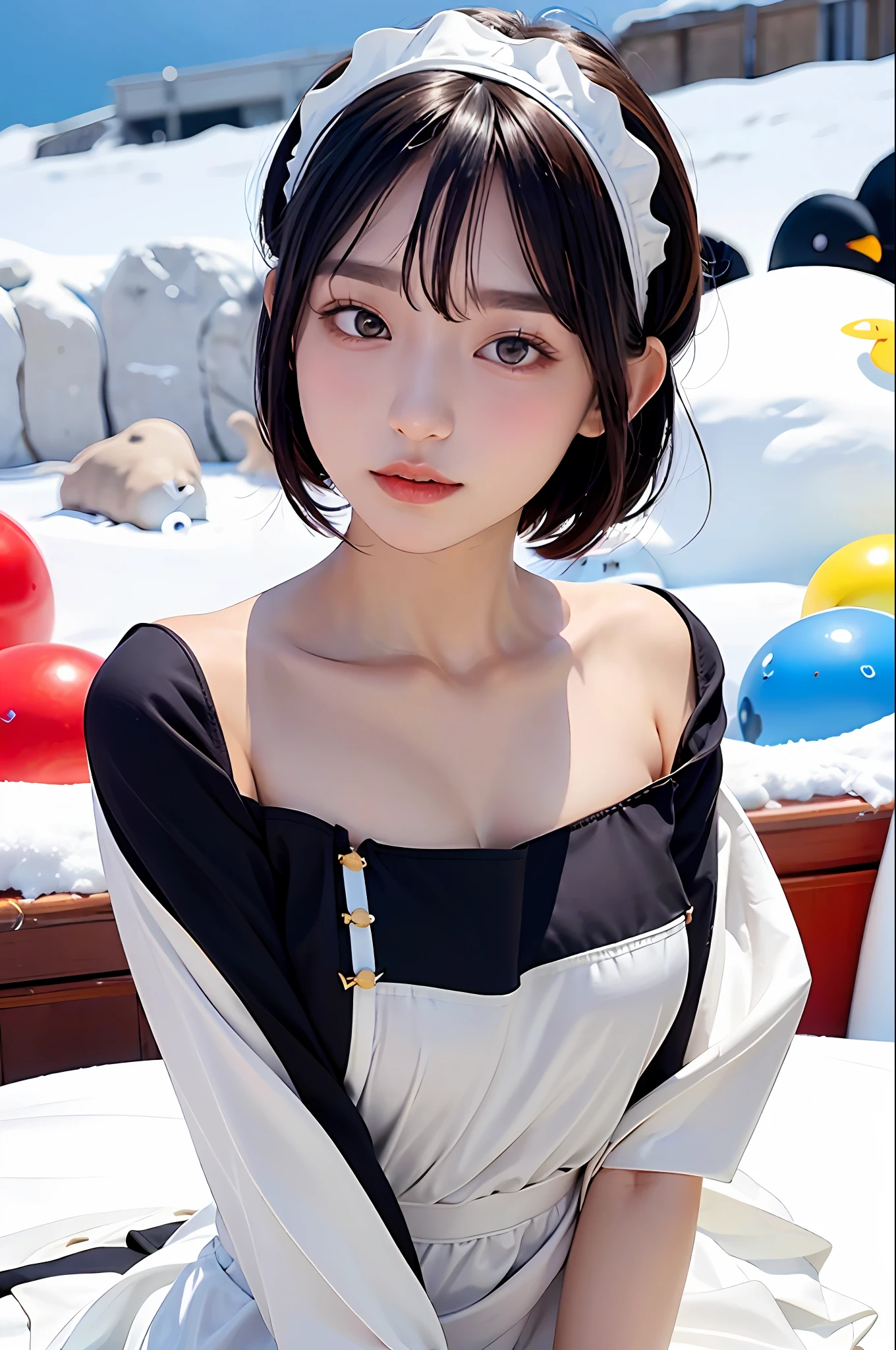 maid clothes、The upper part of the body、Flashy hair、Photorealsitic, hight resolution, 1 rapariga、Colorful Hair Color, Korea person, Heterochromia eyes、South Pole、stardust、penguin、short cut hair、Blunt bangs、maid clothes、Huza