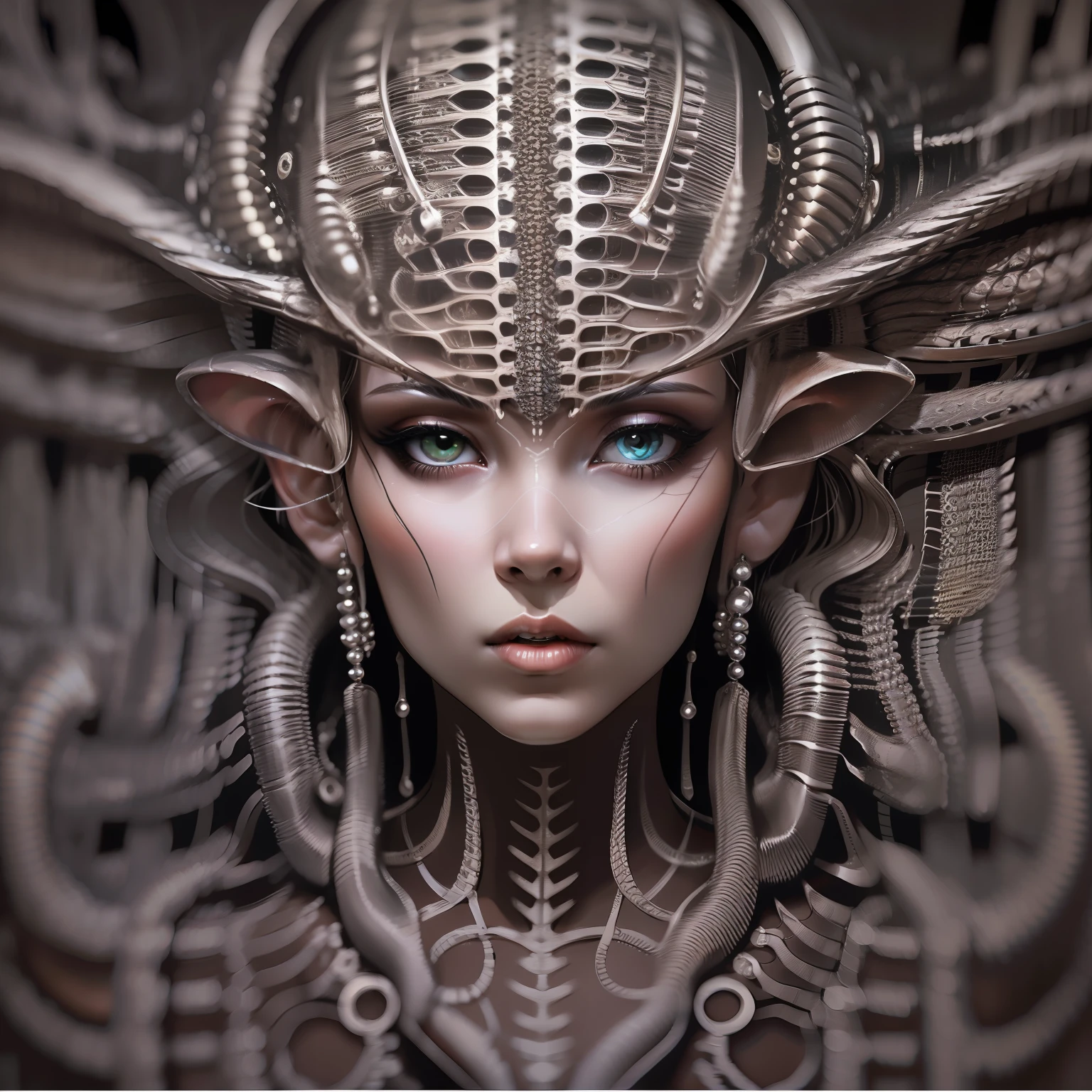 a close up of a woman with a strange face and a strange head, psytrance y giger, symmetrical portrait scifi, giger portrait of queen dragon, fractal biomech, Fondo de giger adornado, biologic hr giger style, cybernetic demon dreaming, intrincado transhumano, Aetherpunk Airbrush Arte Digital, en estilo de giger