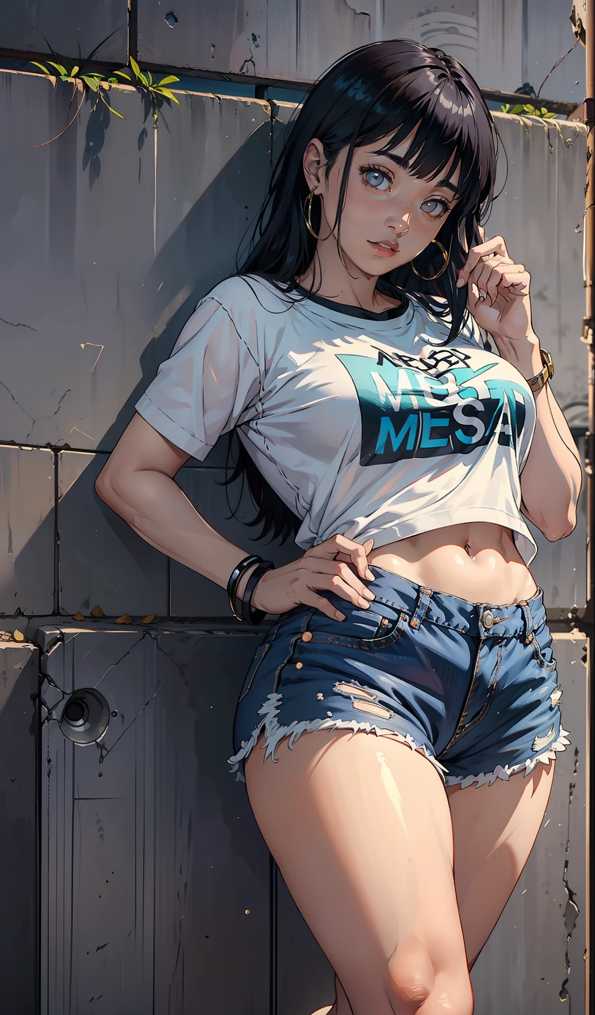 Hinata Hyuga, muito sensual, com roupas de funkeira Lacoste, Oakley Juliet, brasileira, na cidade do rio de janeiro, Brasil, dancing funk, rebolando, bunda grande, pernas grossas, usando um short jeans extremamente curto, showing a piece of ass, Micro Short Curto, usando uma mini blusa, umbigo com pirsing, sneakers Nike, cabelo comprido, caixa de som JBL no fundo, favela no fundo, periferia no fundo, corpo inteiro, muito realista, extremamente Realista, extremamente sexy, 8k, 8k extremamente detalhado), (um extremamente delicado e bonito), (obra-prima), (melhor qualidade: 1.0), (ultra highres:1.0)