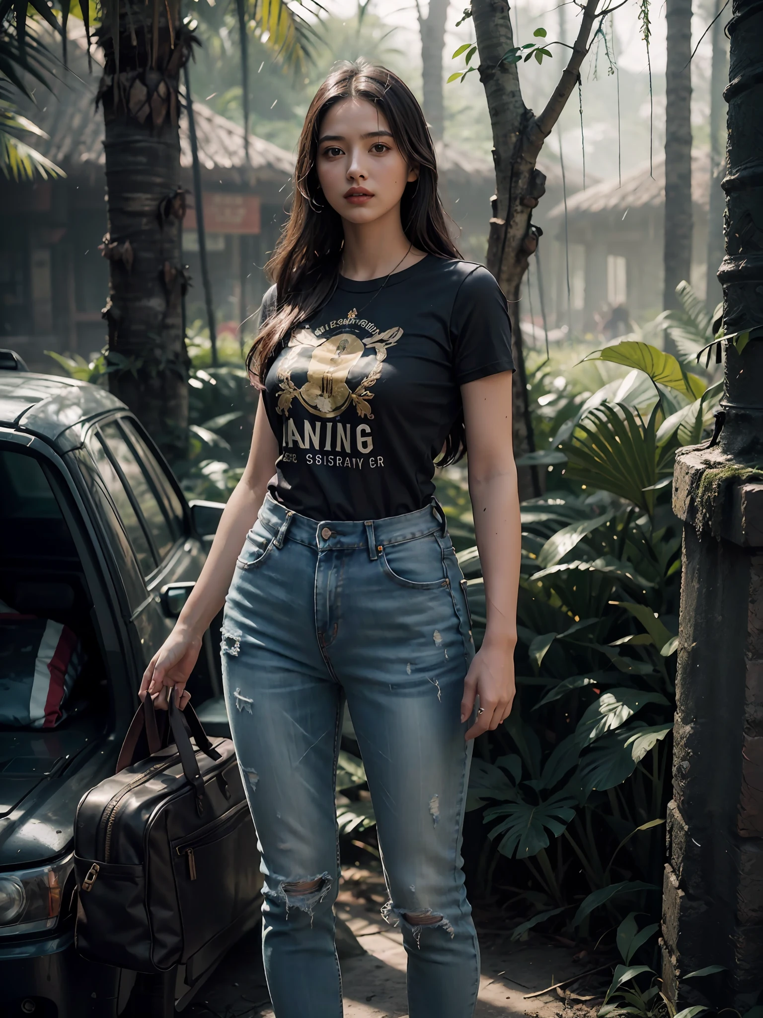extremely beautiful girl, subtle makeup, photorealistic, high contrast, 8k HD, detailed, hyper-detailed, realistic skin texture, long dark hair, big chest best quality, ultra high res, raw photo, dramatic lighting, outdoor, forest, standing, a beautiful cinematic masterpiece portrait of Tirkish black hair's young women as lara croft from tomb raider, covered in dirt, treasure hunter, ((normal basic teeshirt, full length black tee-shirt, tight jeans)), with a complex jungle background with ancient jungle ruins, by gil elvgren, by frank frazetta, by greg rutkowski, trending on artstation, featured on pixiv, hyper detailed, beautiful studio lights, intricate elegant digital painting, cinematic composition, dramatic pose, smooth, sharp focus, (((professional photography))),dappled light, romantic, HDR, highly detailed, hasselblad, 8k, hyper realistic, eye level shot, f1.4 aperture, 8mm film grain, cinestill 800, full body Teeshirt, adventures girl carrying DSLR camera in hand, with small bagpack, some parrots on tree's