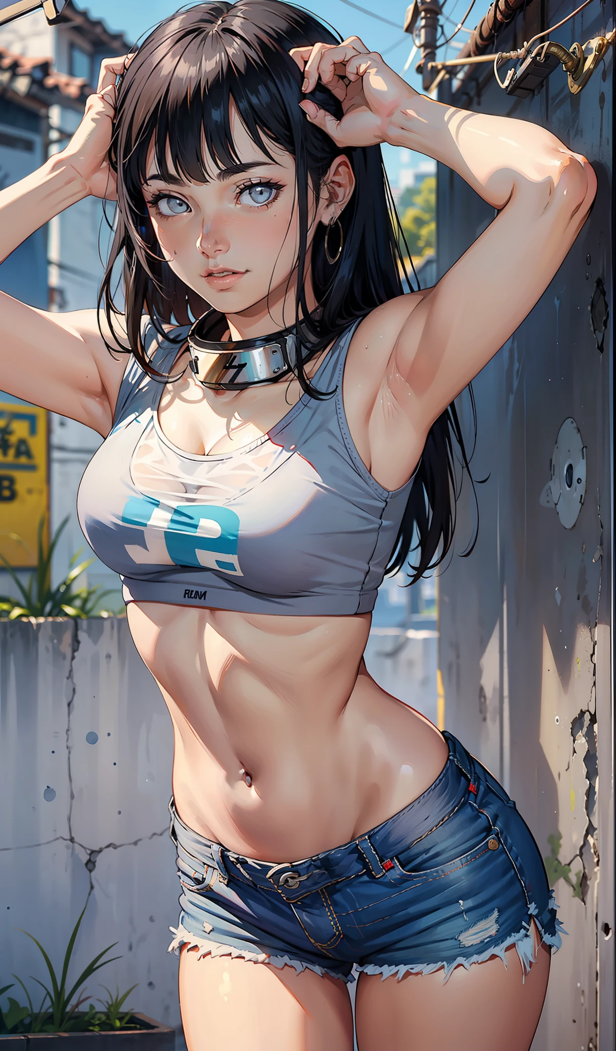 Hinata Hyuga, muito sensual, com roupas de funkeira Lacoste, Oakley Juliet, brasileira, na cidade do rio de janeiro, Brasil, dancing funk, rebolando, bunda grande, pernas grossas, usando um short jeans extremamente curto, showing a piece of ass, Micro Short Curto, usando uma mini blusa, umbigo com pirsing, sneakers Nike, cabelo comprido, caixa de som JBL no fundo, favela no fundo, periferia no fundo, corpo inteiro, muito realista, extremamente Realista, extremamente sexy, 8k, 8k extremamente detalhado), (um extremamente delicado e bonito), (obra-prima), (melhor qualidade: 1.0), (ultra highres:1.0)