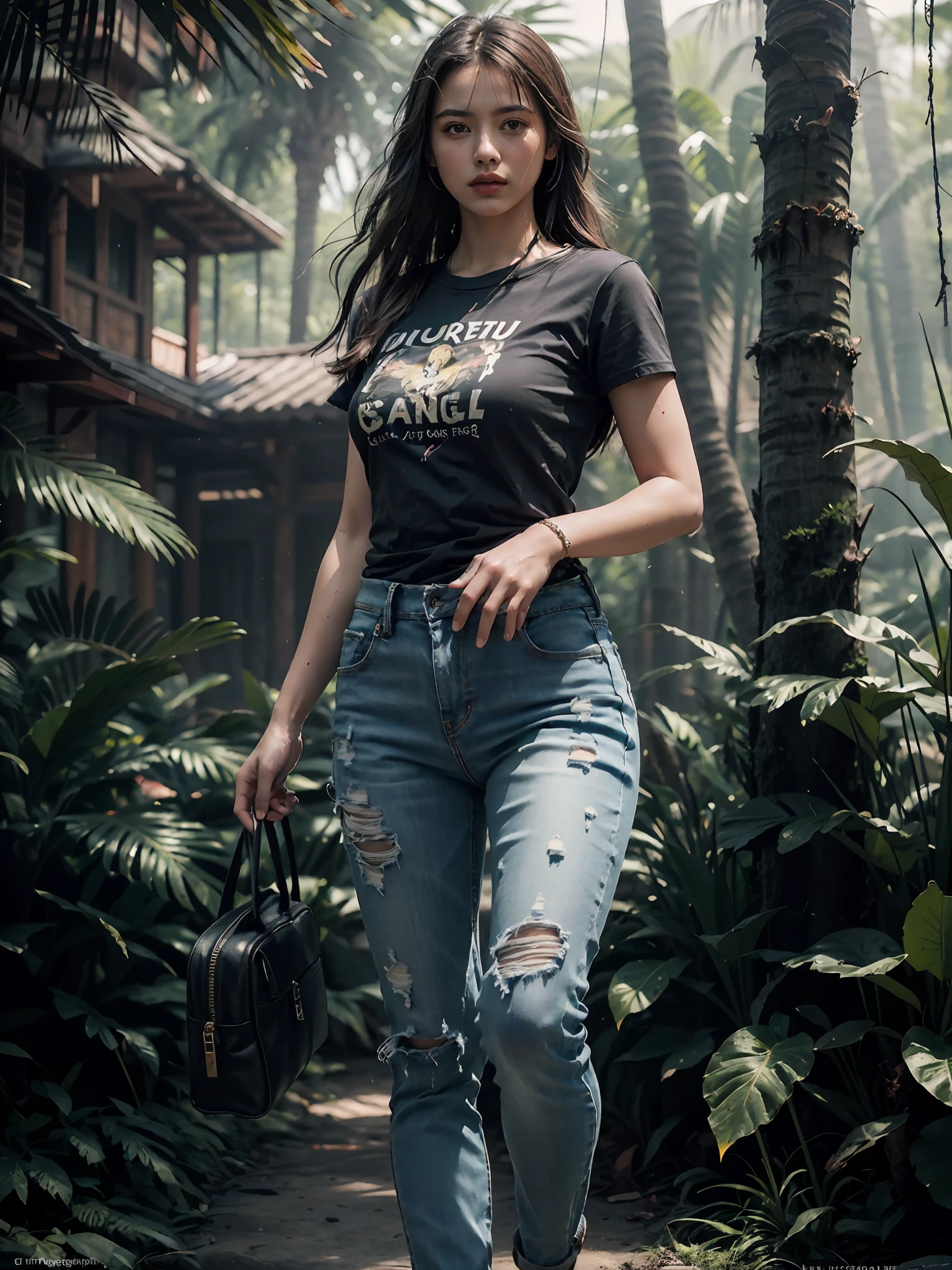 extremely beautiful girl, subtle makeup, photorealistic, high contrast, 8k HD, detailed, hyper-detailed, realistic skin texture, long dark hair, big chest best quality, ultra high res, raw photo, dramatic lighting, outdoor, forest, standing, a beautiful cinematic masterpiece portrait of Tirkish black hair's young women as lara croft from tomb raider, covered in dirt, treasure hunter, ((normal basic teeshirt, full length black tee-shirt, tight jeans)), with a complex jungle background with ancient jungle ruins, by gil elvgren, by frank frazetta, by greg rutkowski, trending on artstation, featured on pixiv, hyper detailed, beautiful studio lights, intricate elegant digital painting, cinematic composition, dramatic pose, smooth, sharp focus, (((professional photography))),dappled light, romantic, HDR, highly detailed, hasselblad, 8k, hyper realistic, eye level shot, f1.4 aperture, 8mm film grain, cinestill 800, full body Teeshirt, adventures girl carrying DSLR camera in hand, with small bagpack, some parrots on tree's