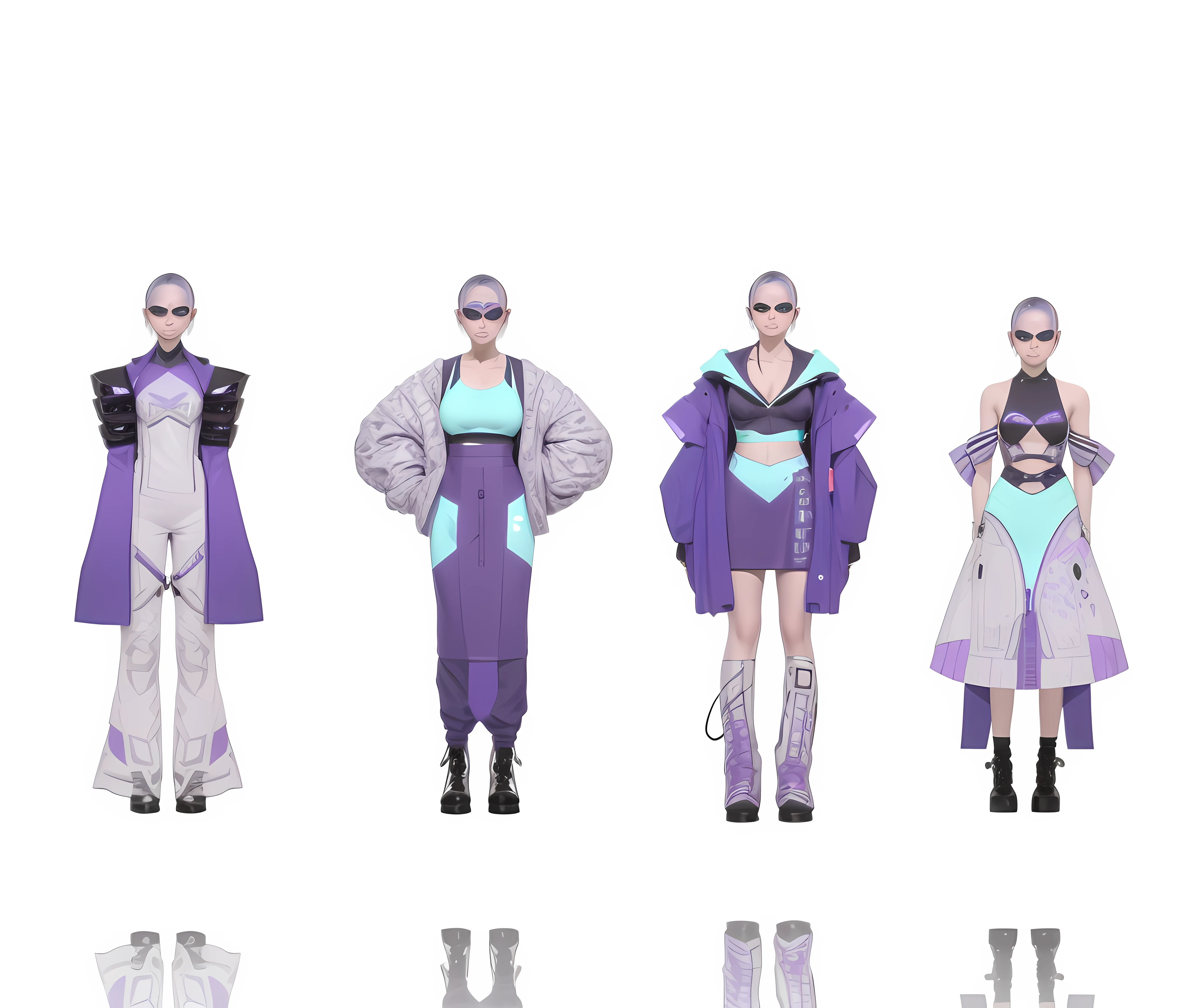 Several different views of a woman dressed in purple and blue, clothing design, Cypherpunk fashion illustration, futuristic outfit, clothing design, clothes from the future, fashion concept art, Futuristic clothing, clothing concept, biopunk futuristic wardrobe, wearing futuristic clothing, clothing design, wearing futuristic, futuristic fashion, Speculative fashion AI world themed clothing, --auto